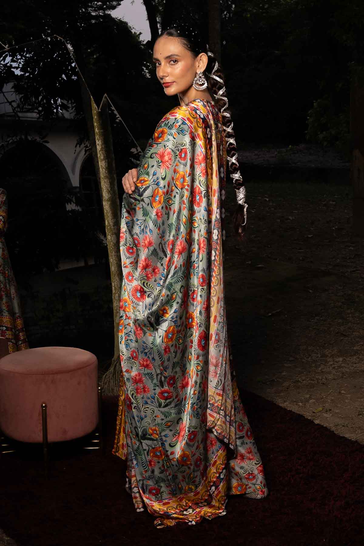 Grey Print Cotton Silk Kurta Set