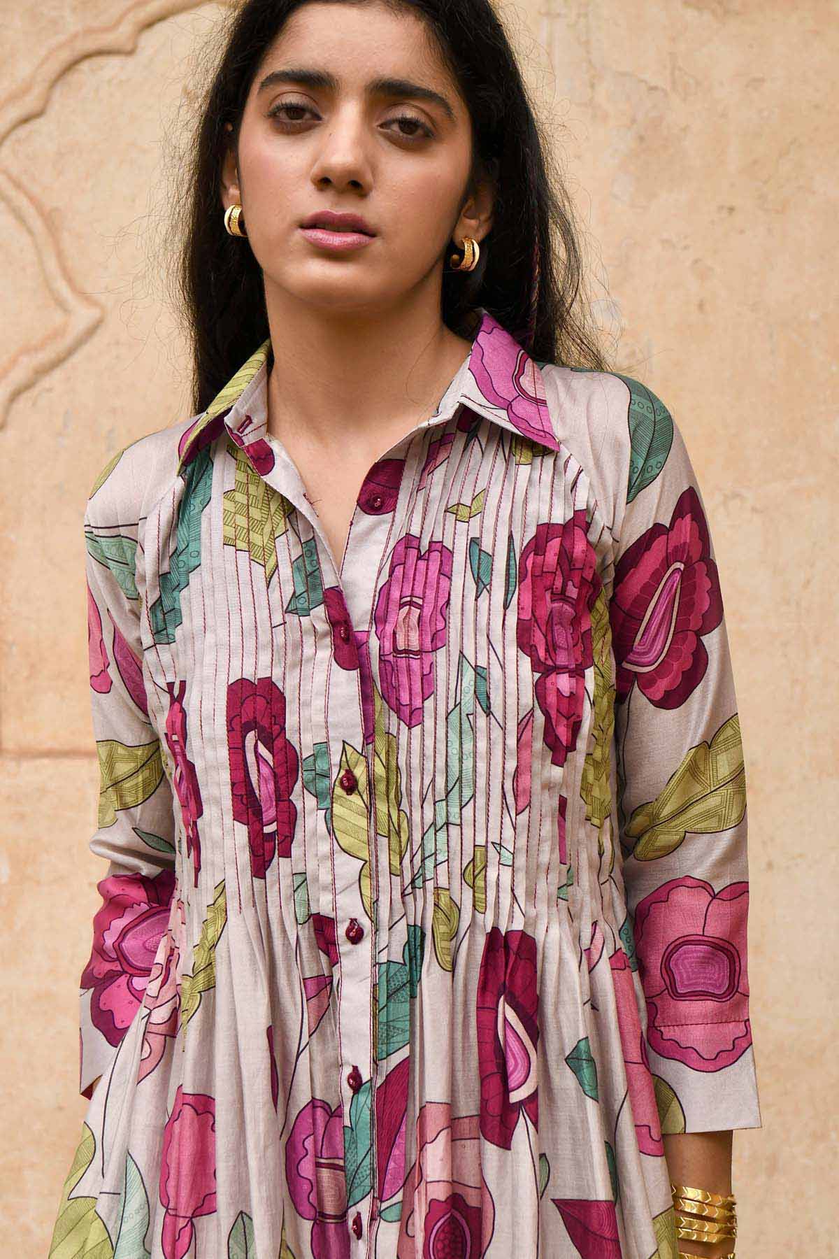 Grey Print Shirt Kurta & Pants