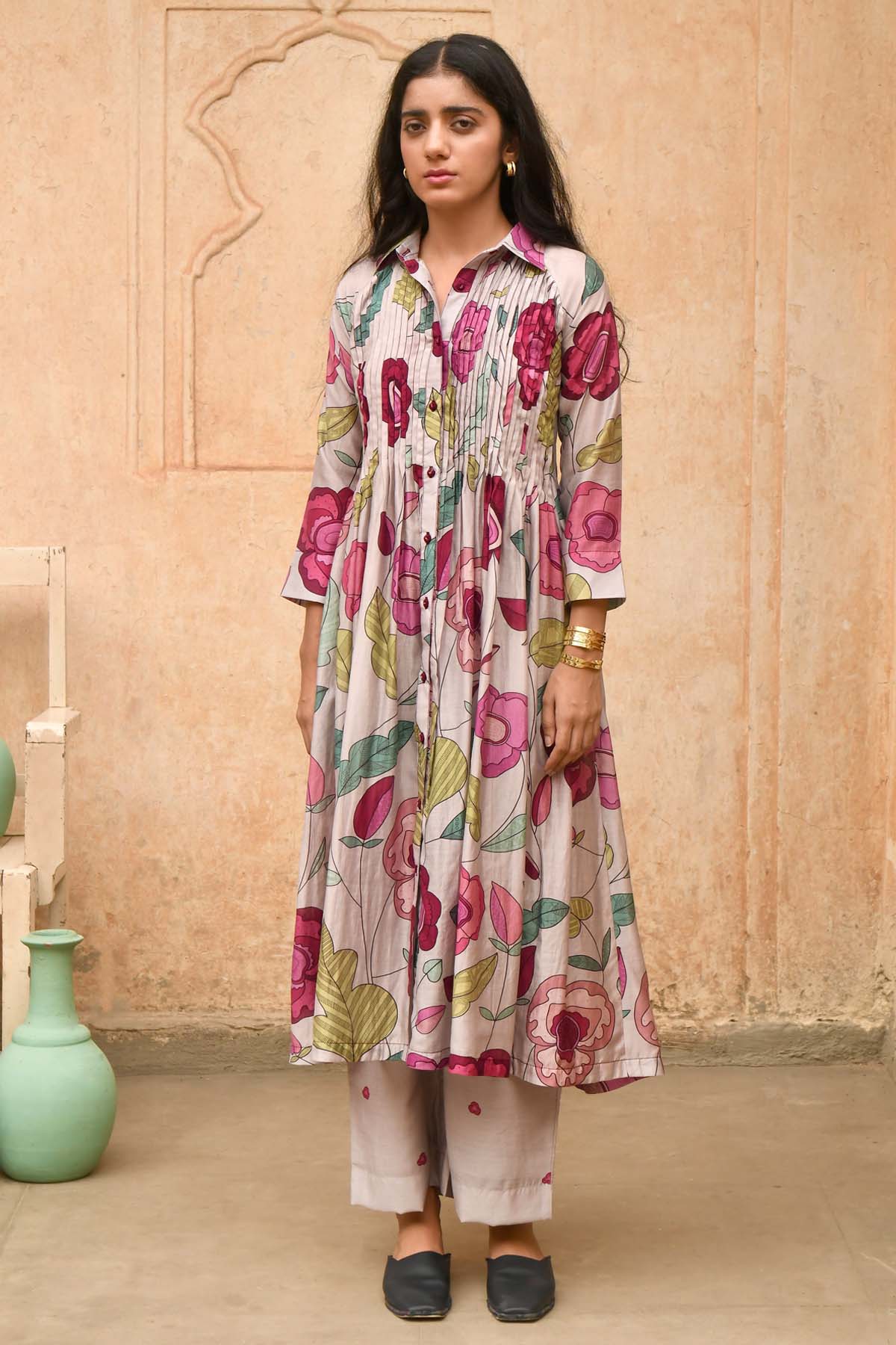 Grey Print Shirt Kurta & Pants