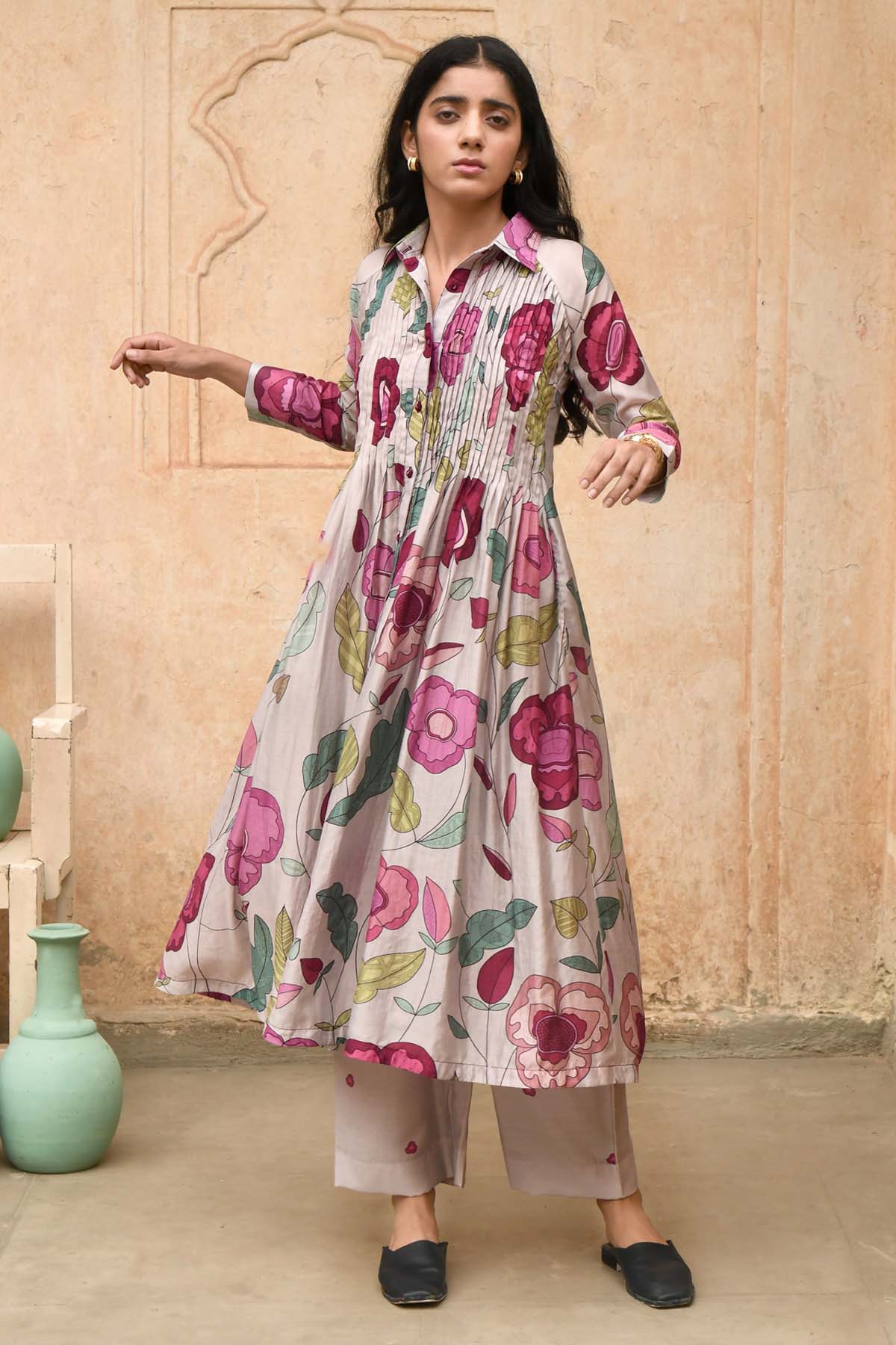 Grey Print Shirt Kurta & Pants