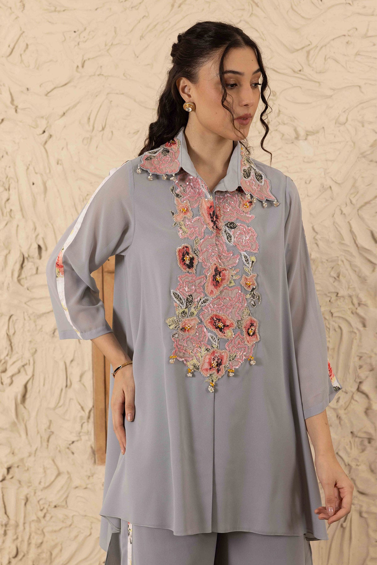 Grey Printed Collar Co-ord Set