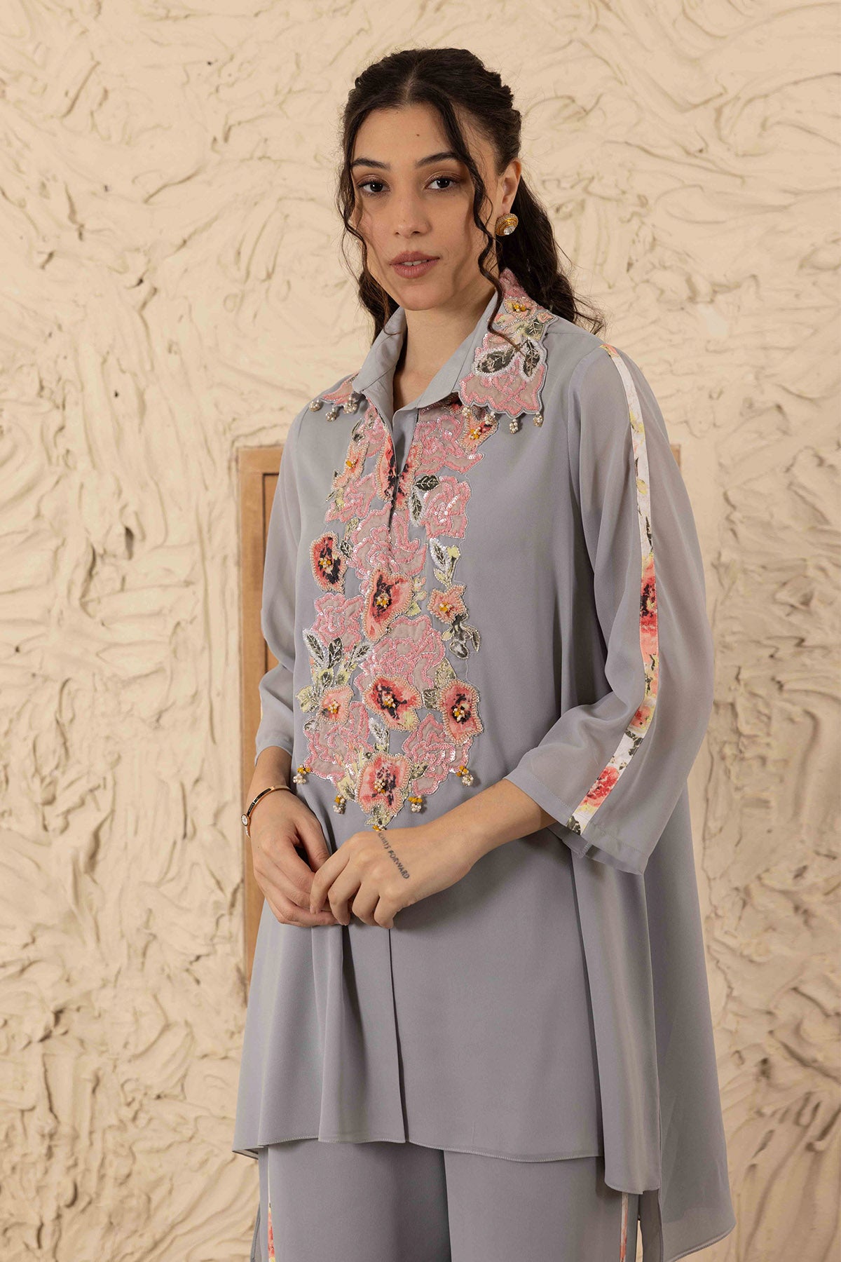 Grey Printed Collar Co-ord Set