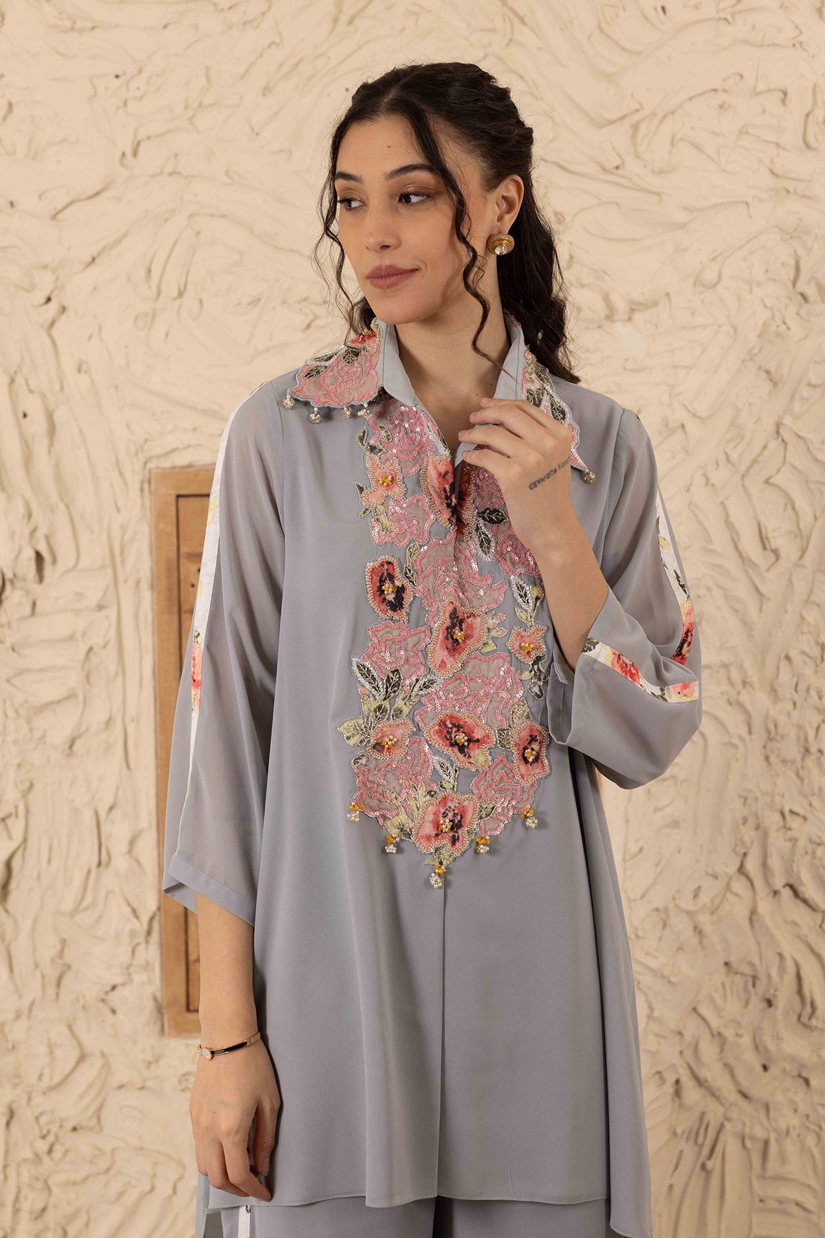 Grey Printed Collar Co-ord Set