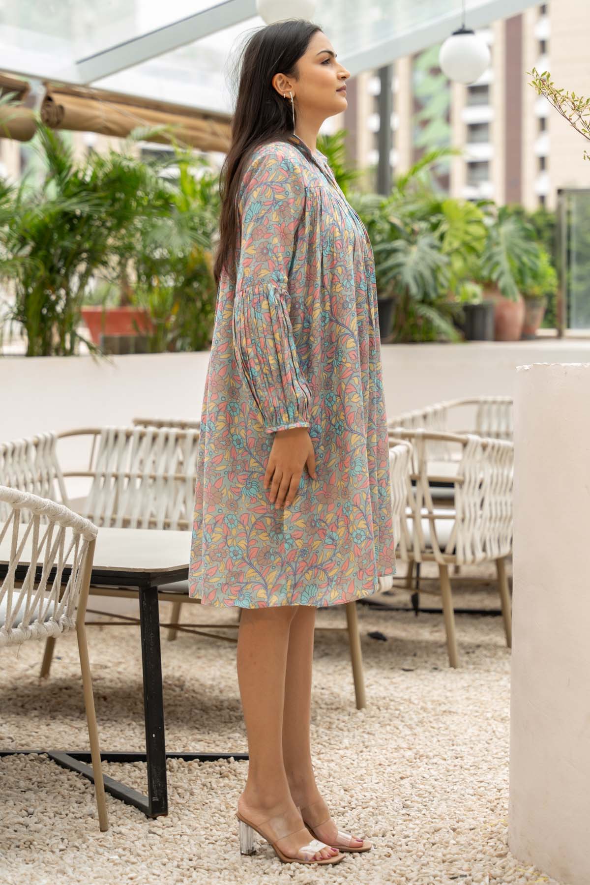 Grey Printed Collar Midi Dress