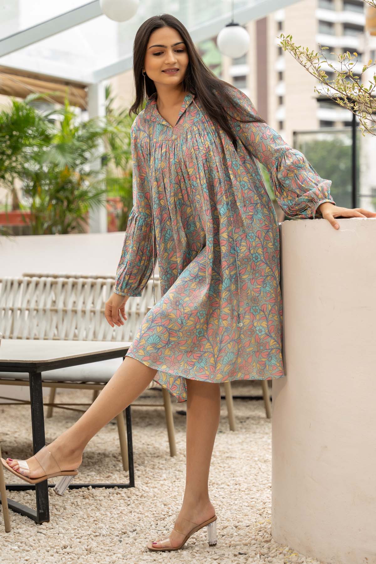 Grey Printed Collar Midi Dress