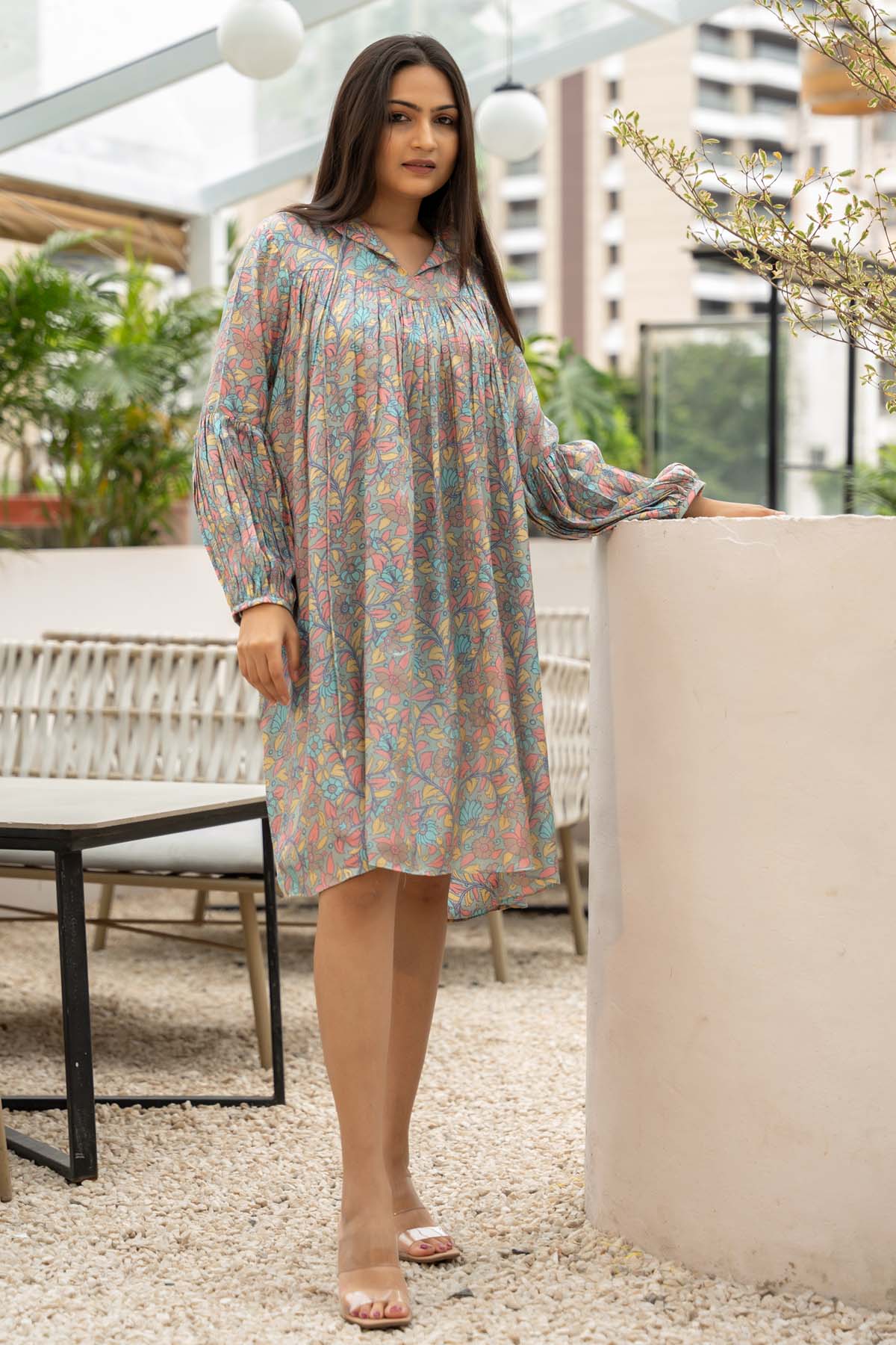 Buy Grey Printed Collar Midi Dress Online