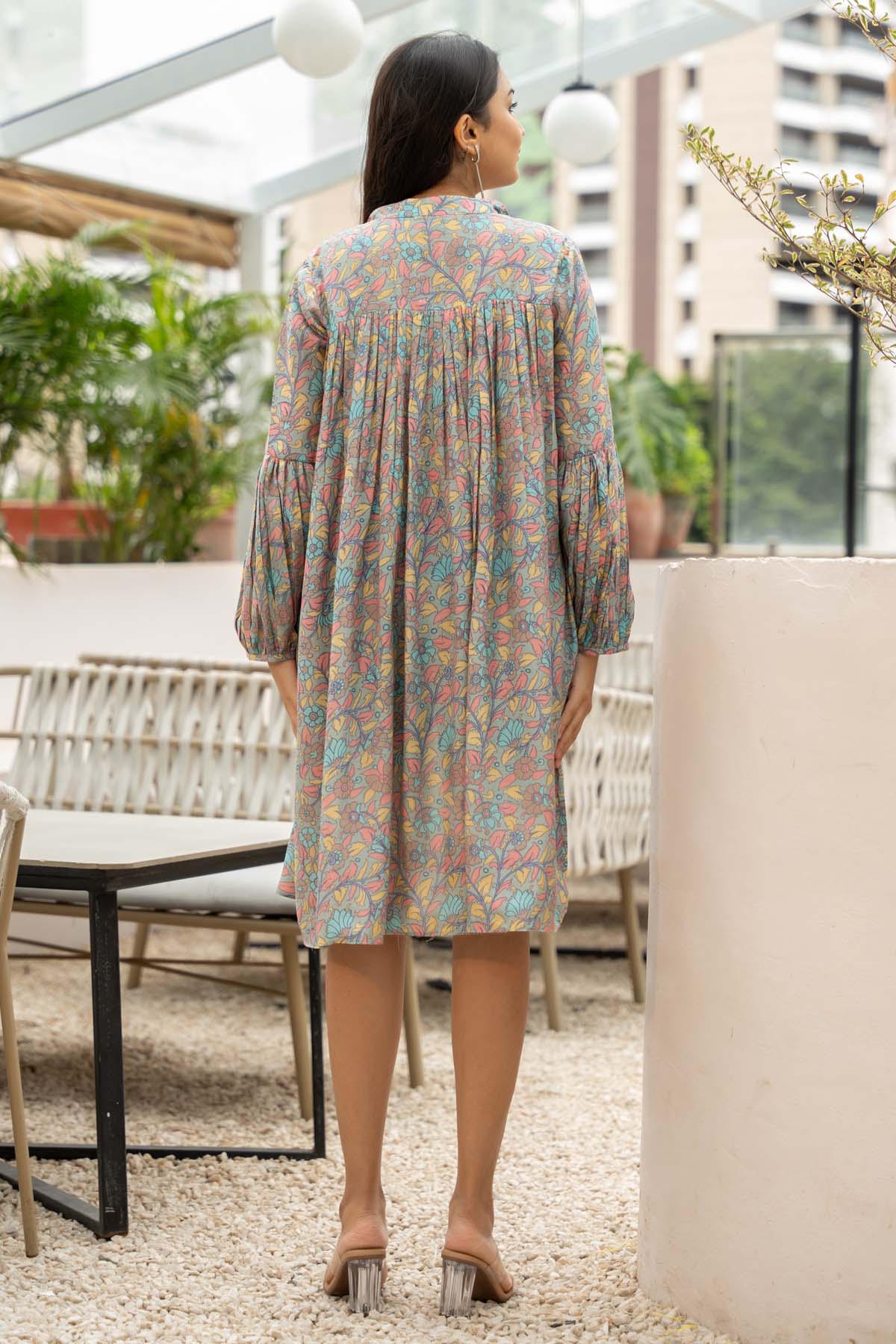 Grey Printed Collar Midi Dress