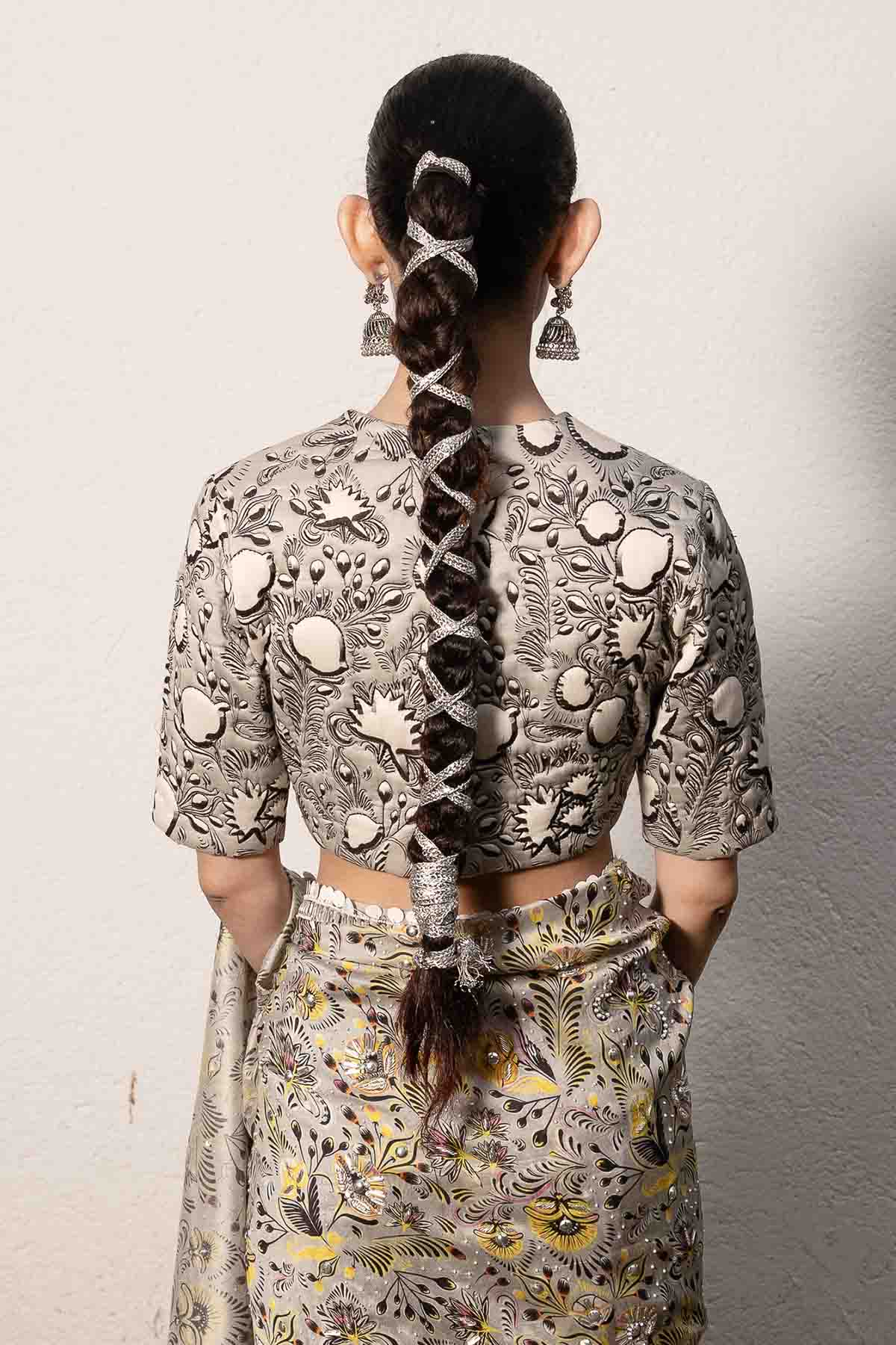 Grey Printed Embroidered Saree