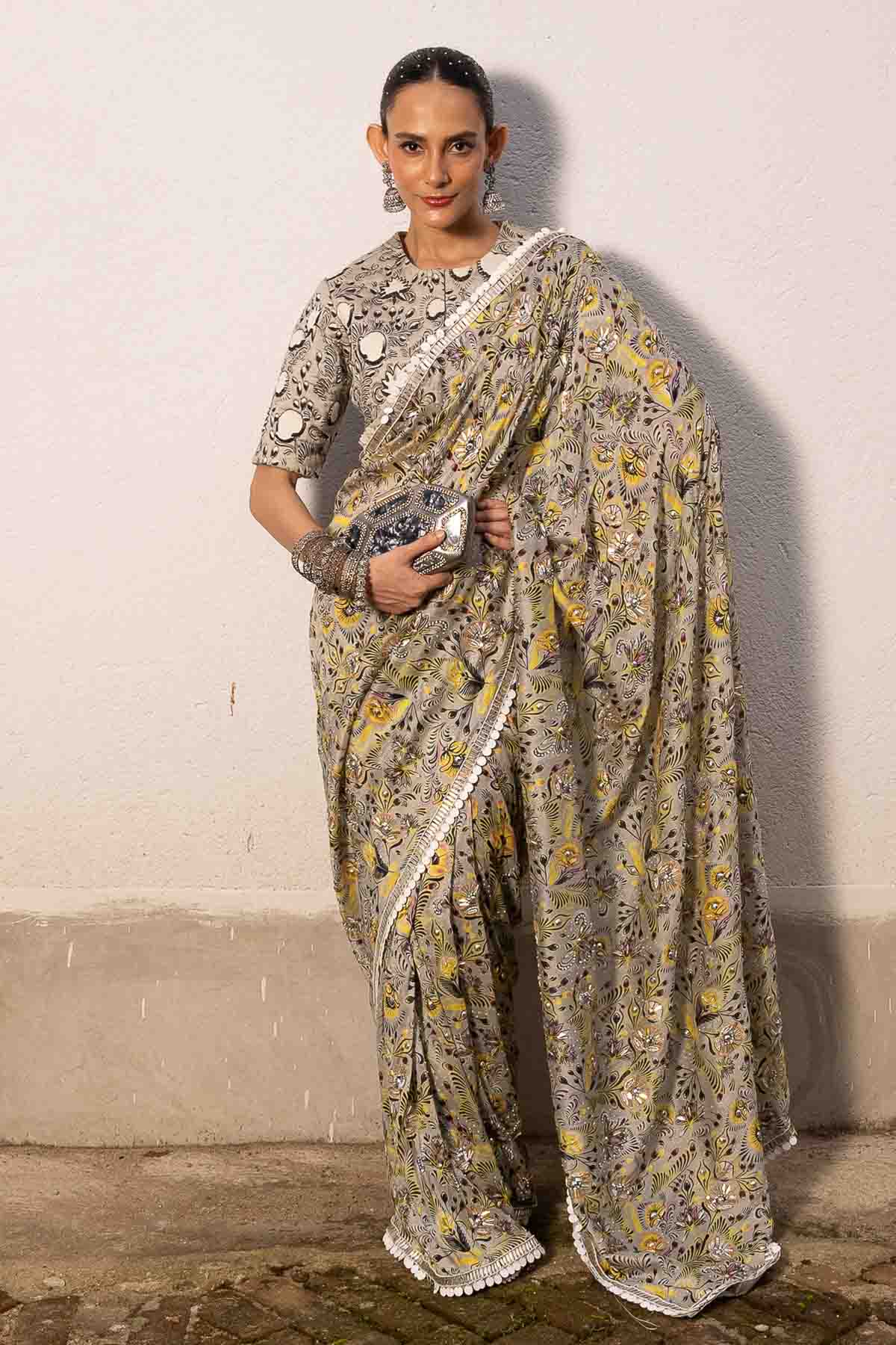Buy Grey Printed Embroidered Saree by Saksham Neharicka for women online at ScrollnShops