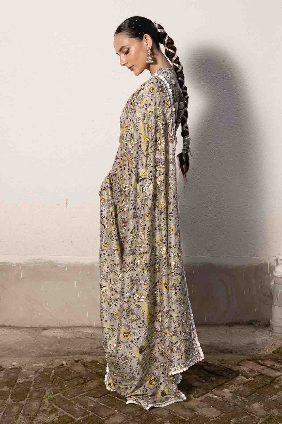 Grey Printed Embroidered Saree