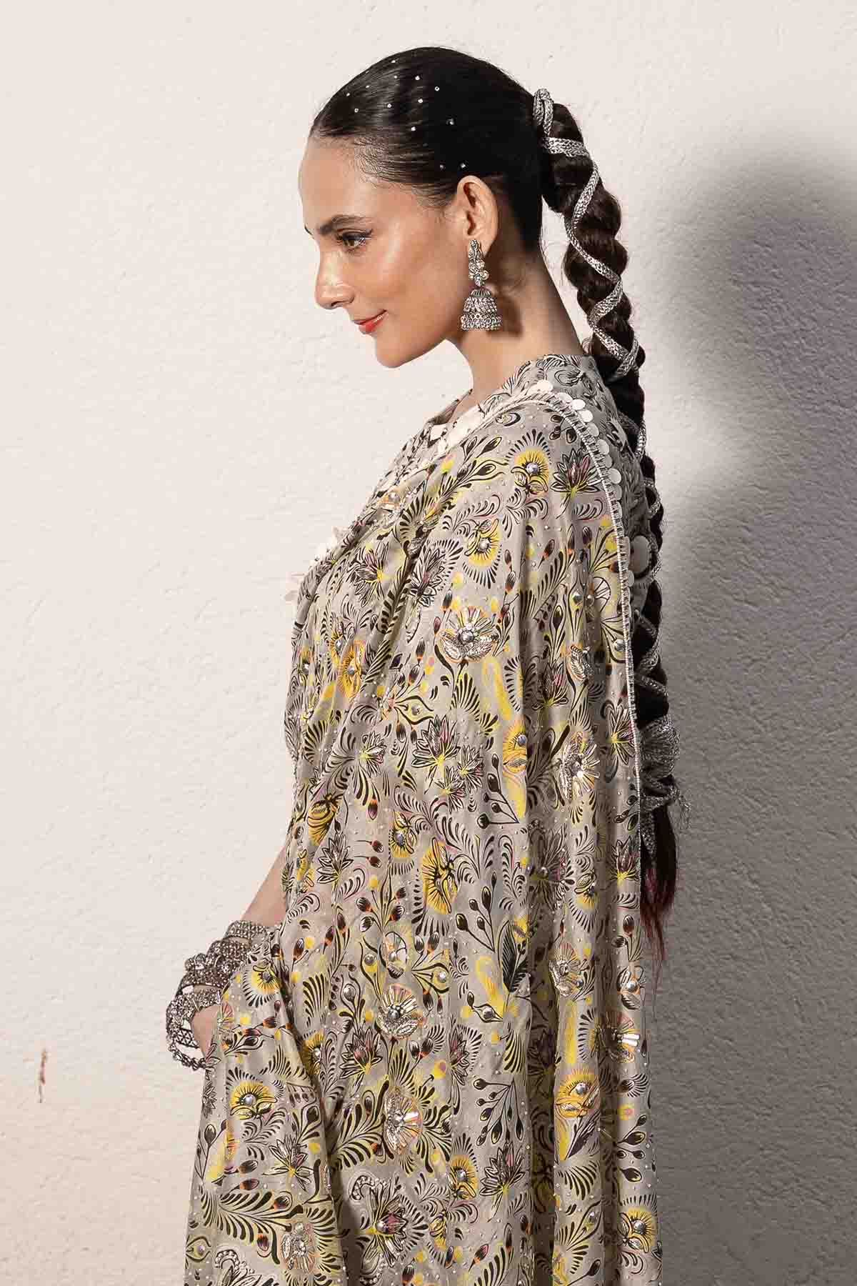 Grey Printed Embroidered Saree