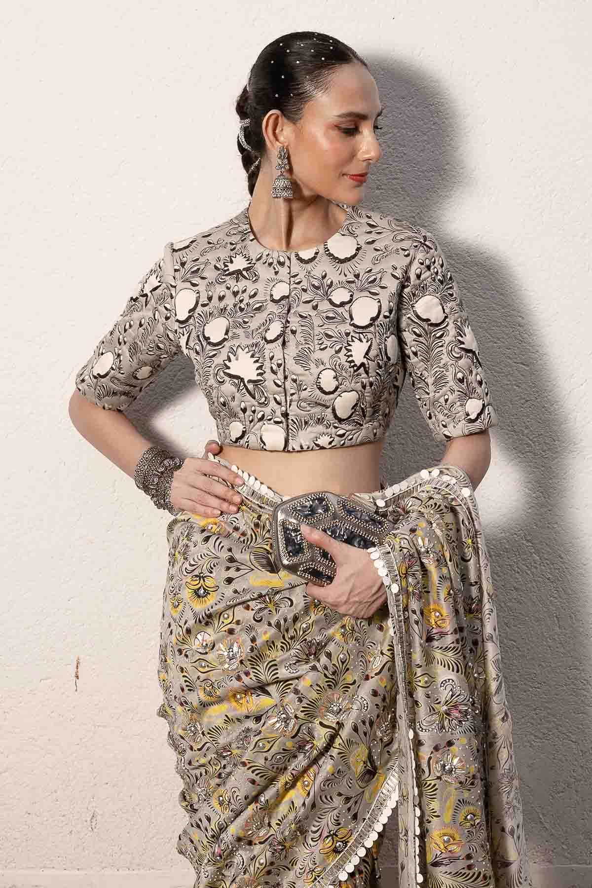 Grey Printed Embroidered Saree