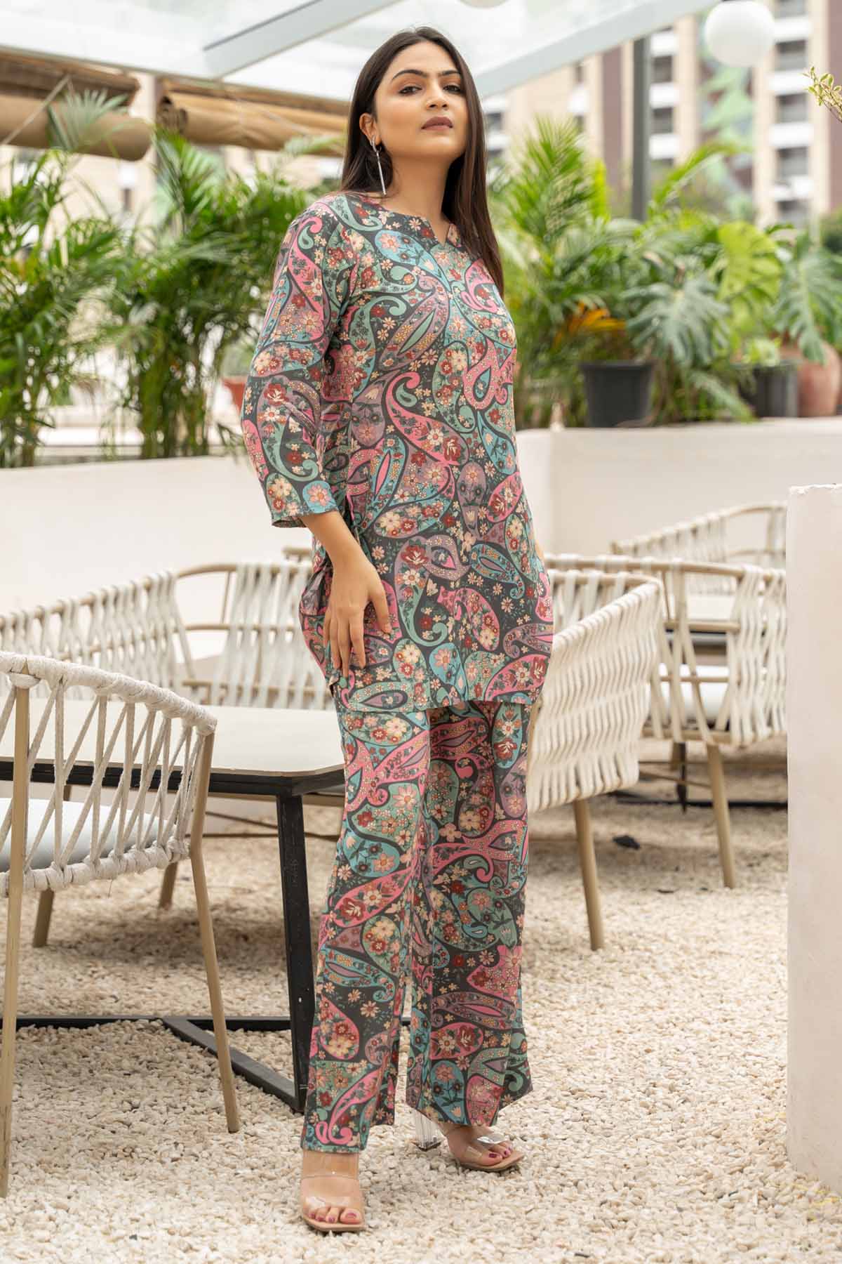 Grey Printed V-Neck Co-ord Set