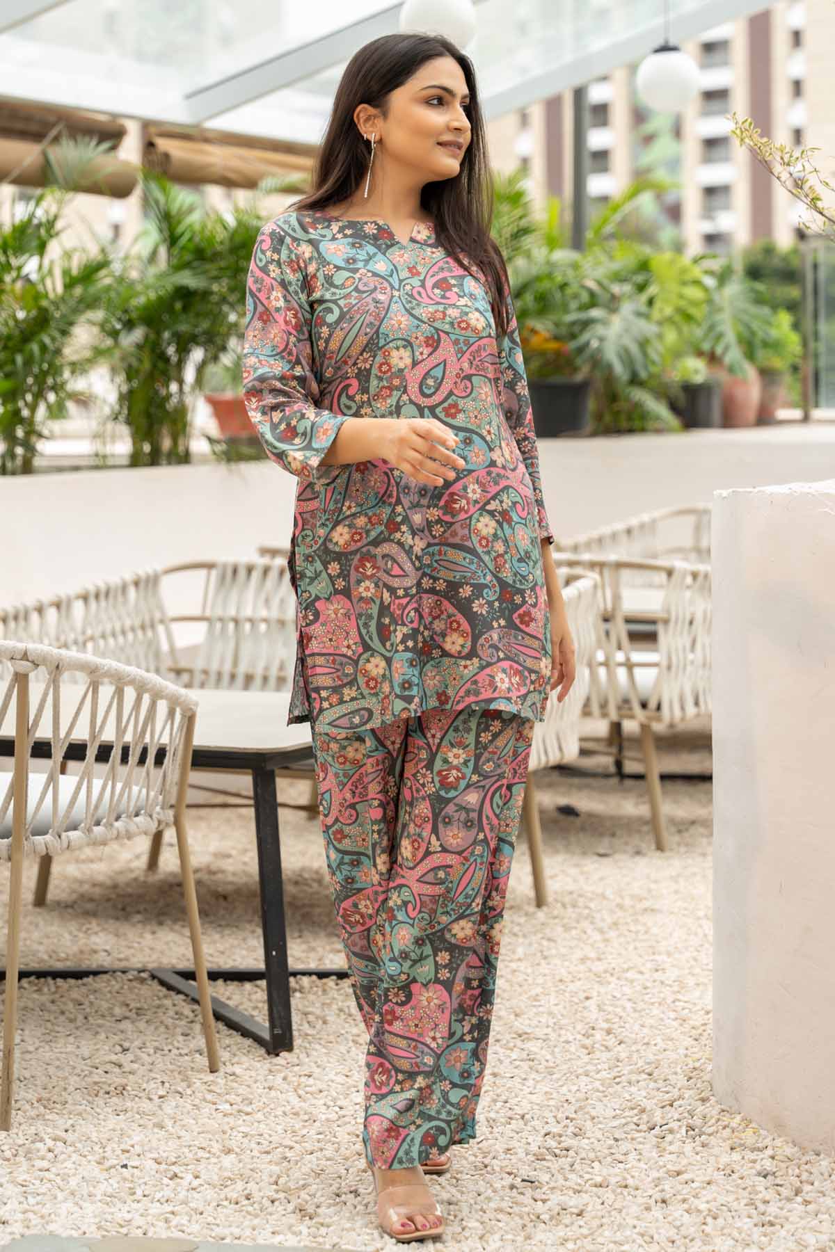 Buy Grey Printed V-Neck Co-ord Set Online