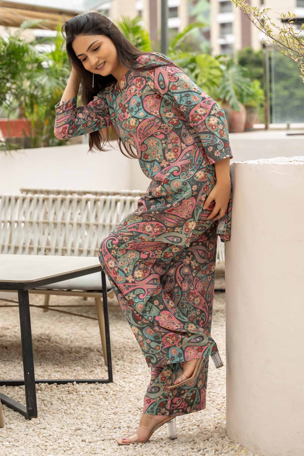 Grey Printed V-Neck Co-ord Set