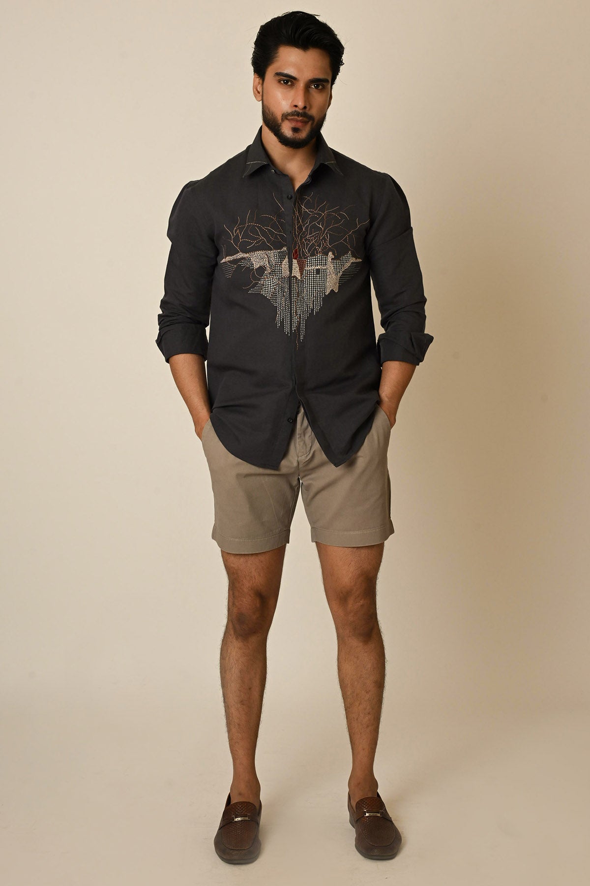 Grey Pure Linen Abstract Shirt