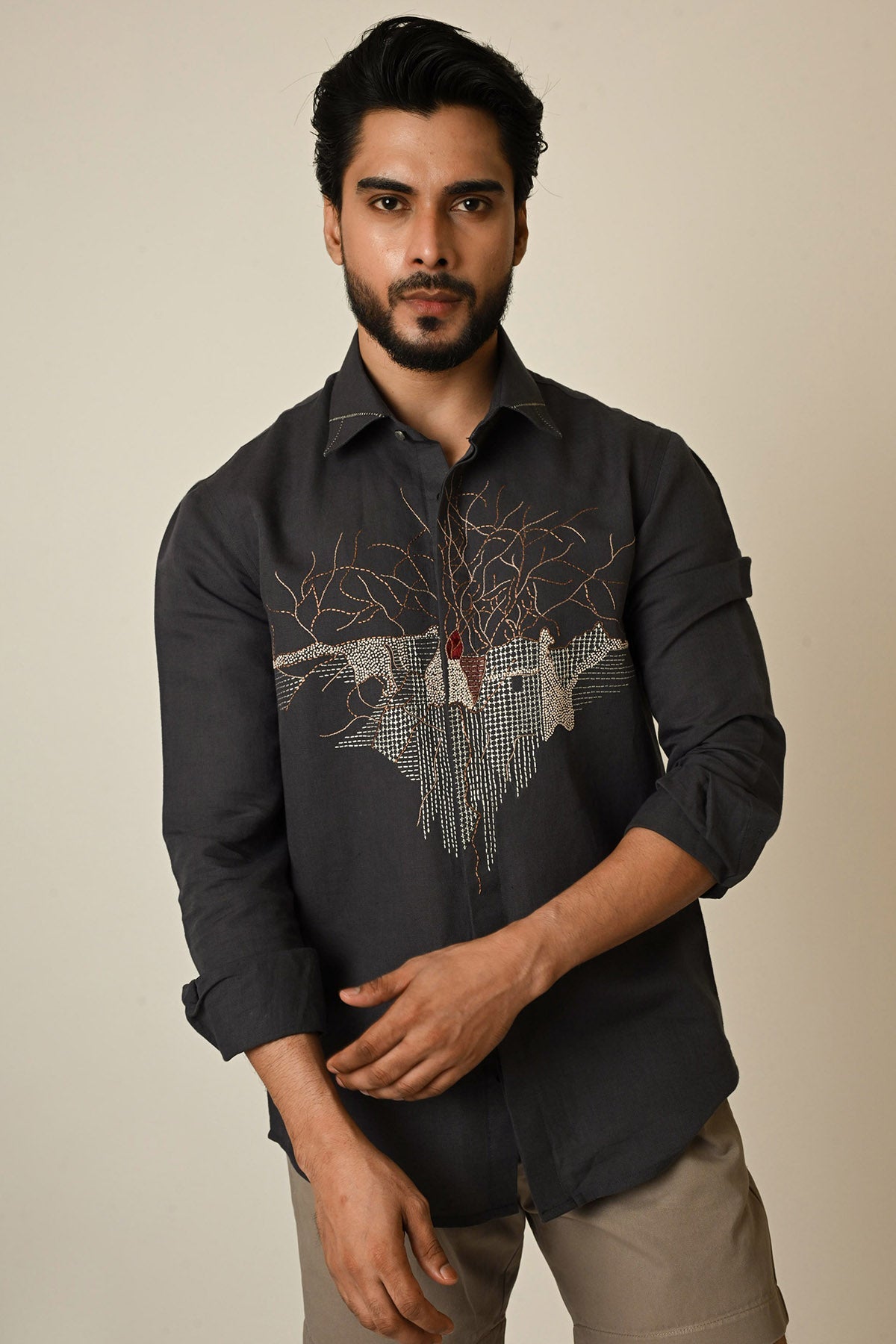 Buy Grey Pure Linen Abstract Shirt for men by Paarsh Atelier online available at scrollnshops