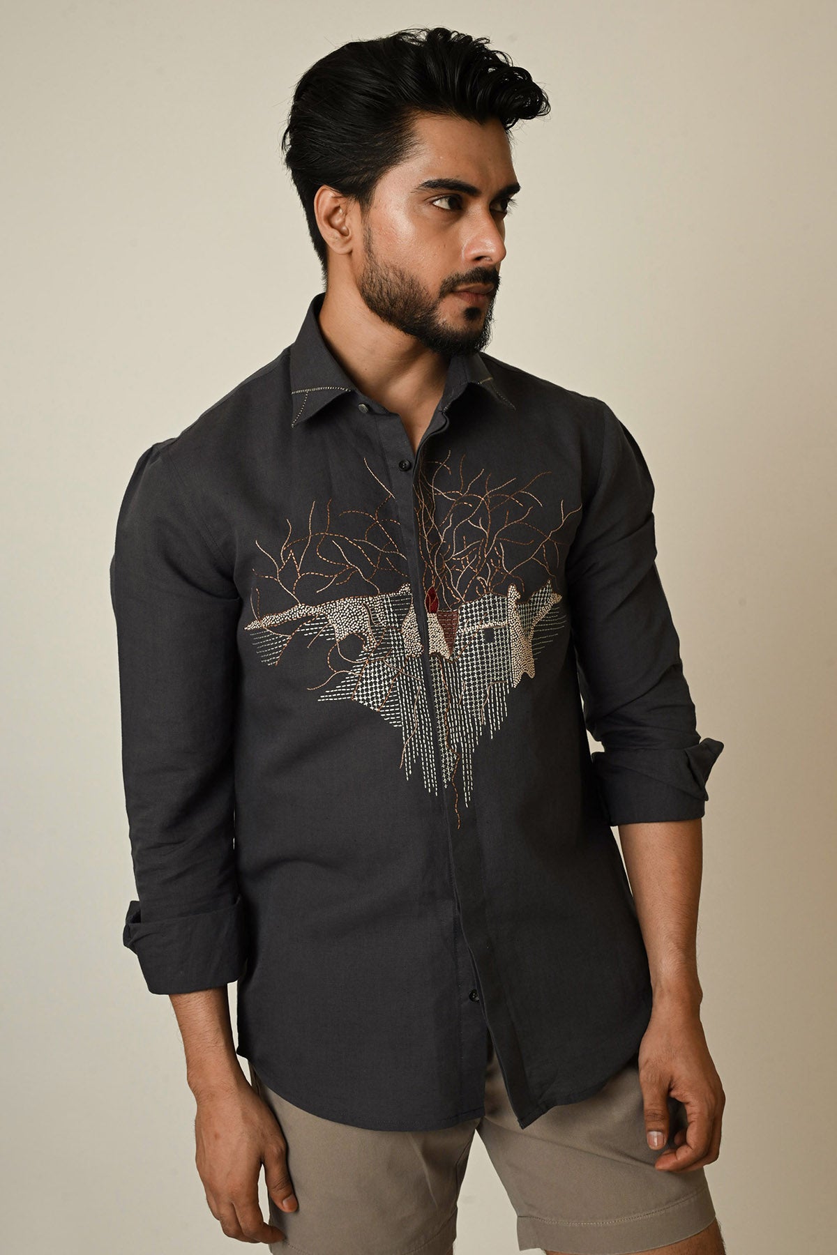 Grey Pure Linen Abstract Shirt