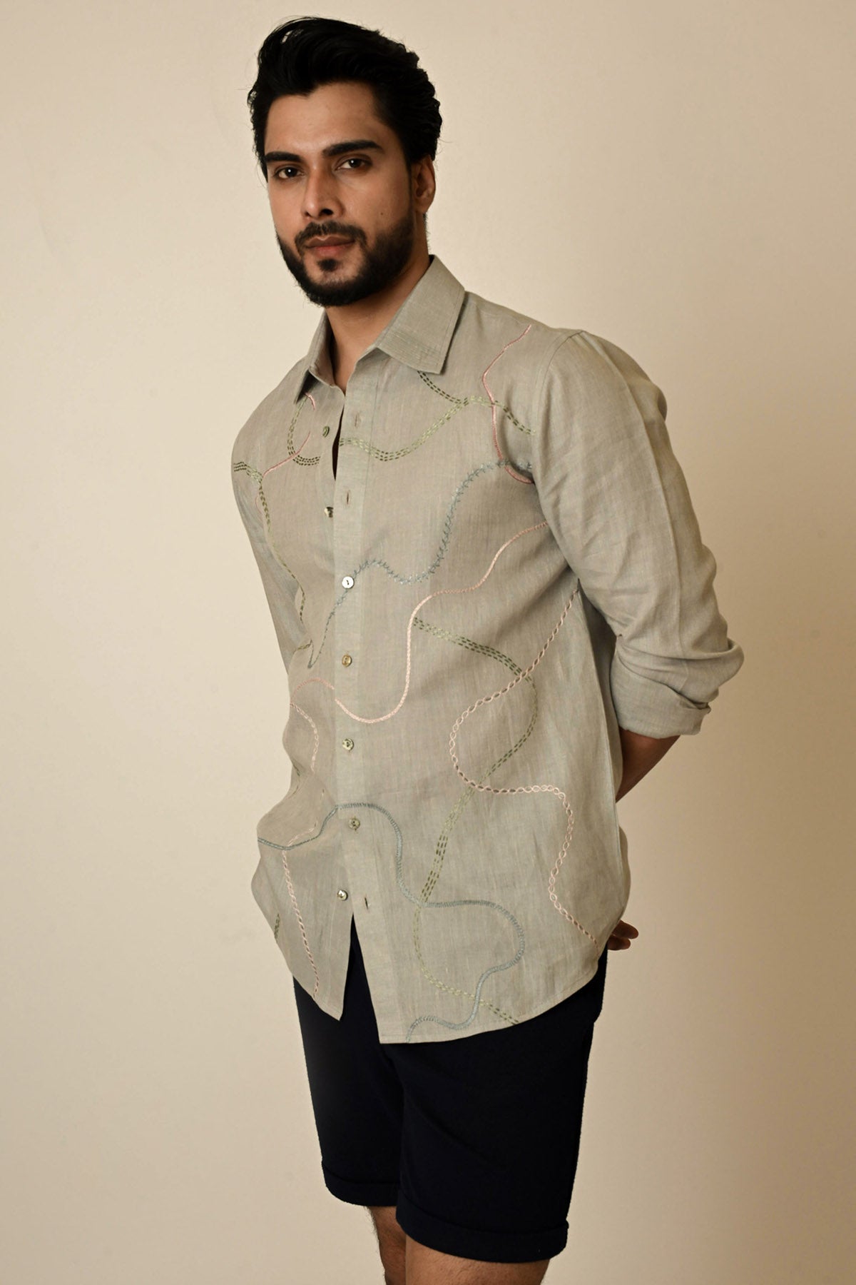 Buy Grey Pure Linen Thread Shirt for men by Paarsh Atelier online available at scrollnshops