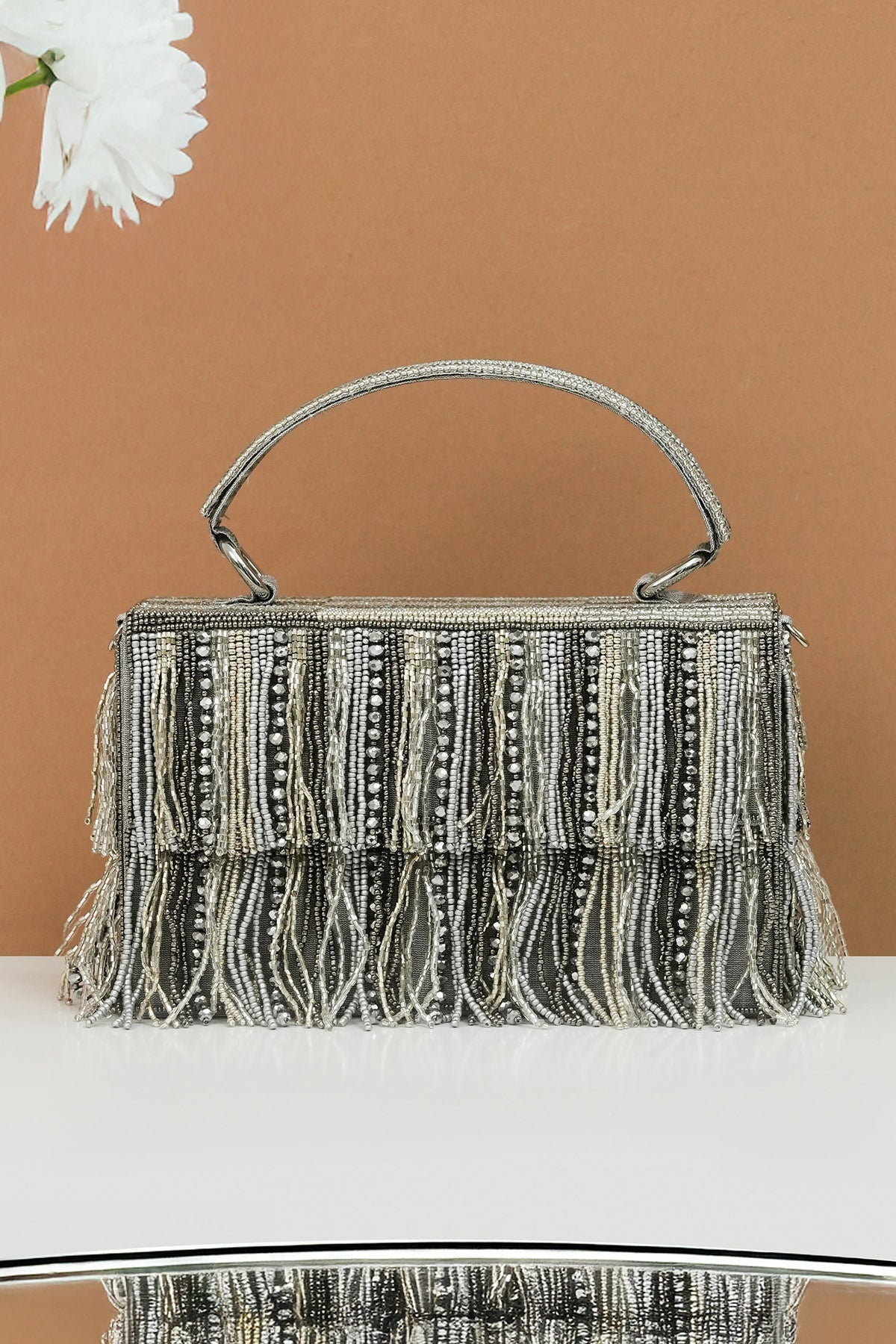 Buy Grey Raw Silk Bead Work Clutch for women by the Purple sack online available at scrollnshops