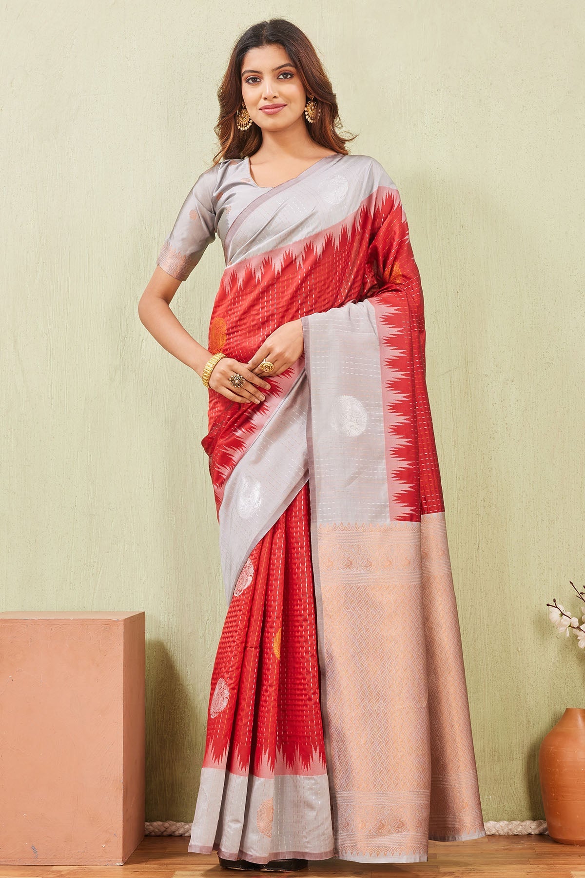 Buy Grey Red Floral Border Saree for women by Aastha Fashion online available at scrollnshops