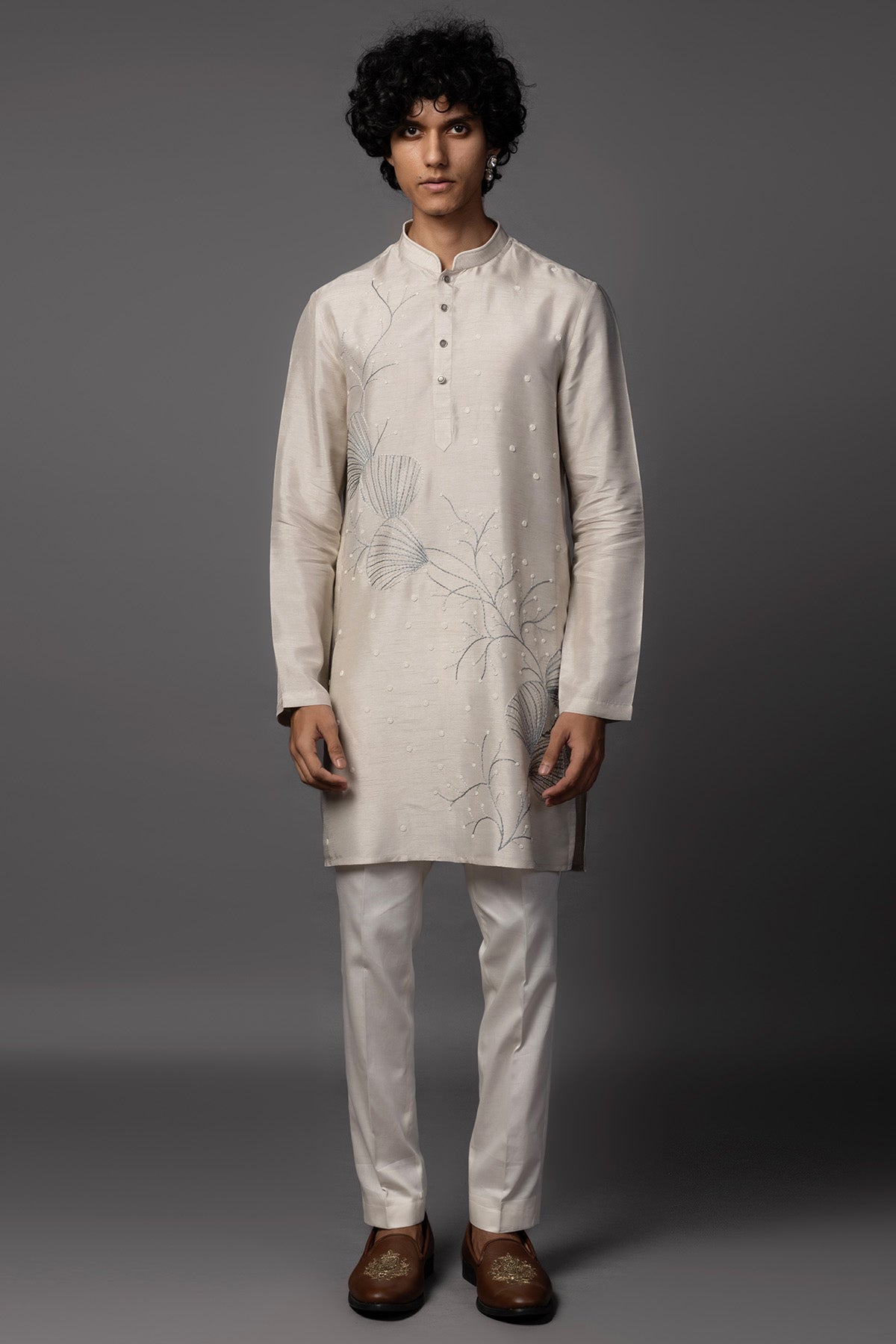 Buy Grey Resham And Moti Kurta Set for men by Paarsh Atelier online available at scrollnshops