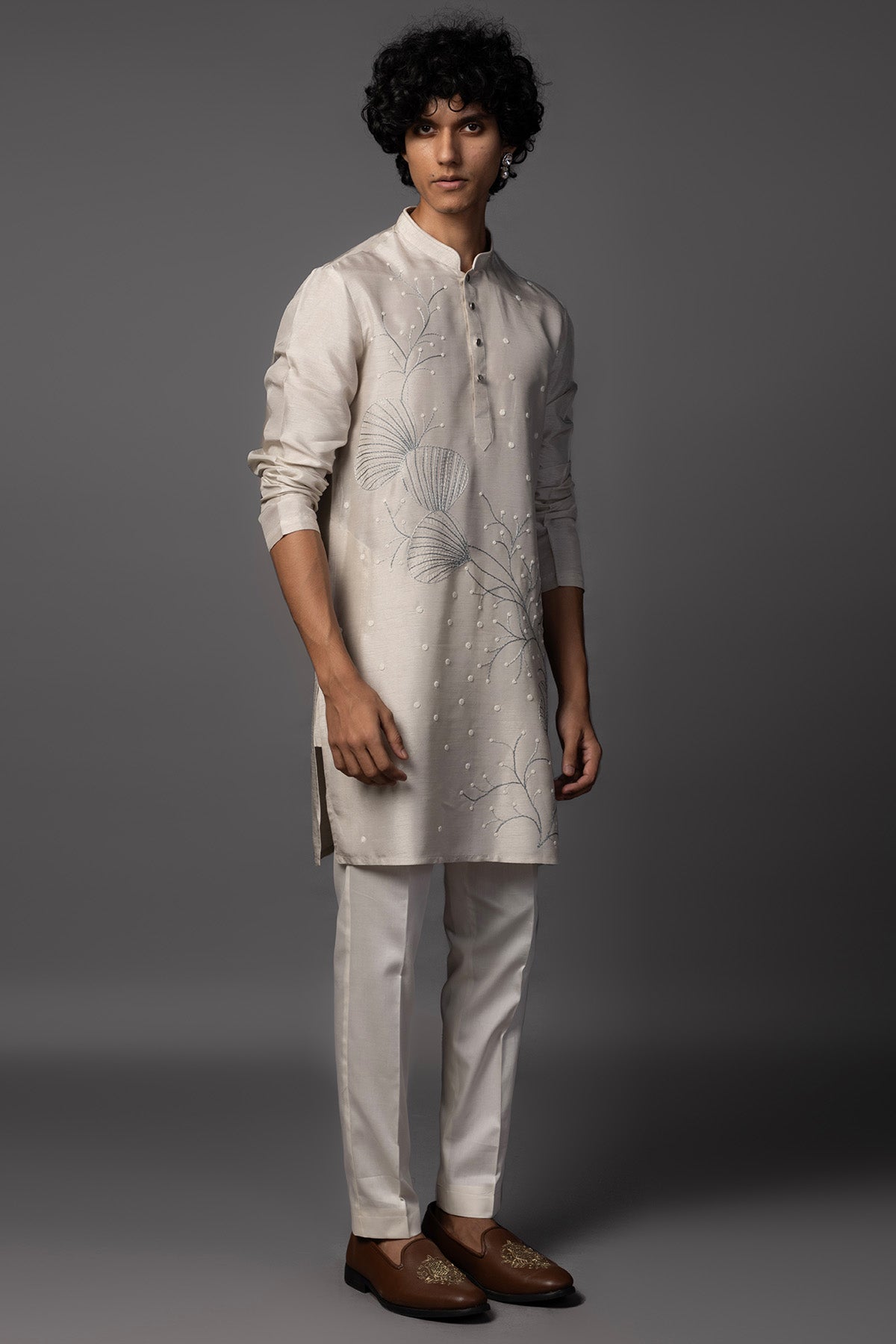 Grey Resham And Moti Kurta Set