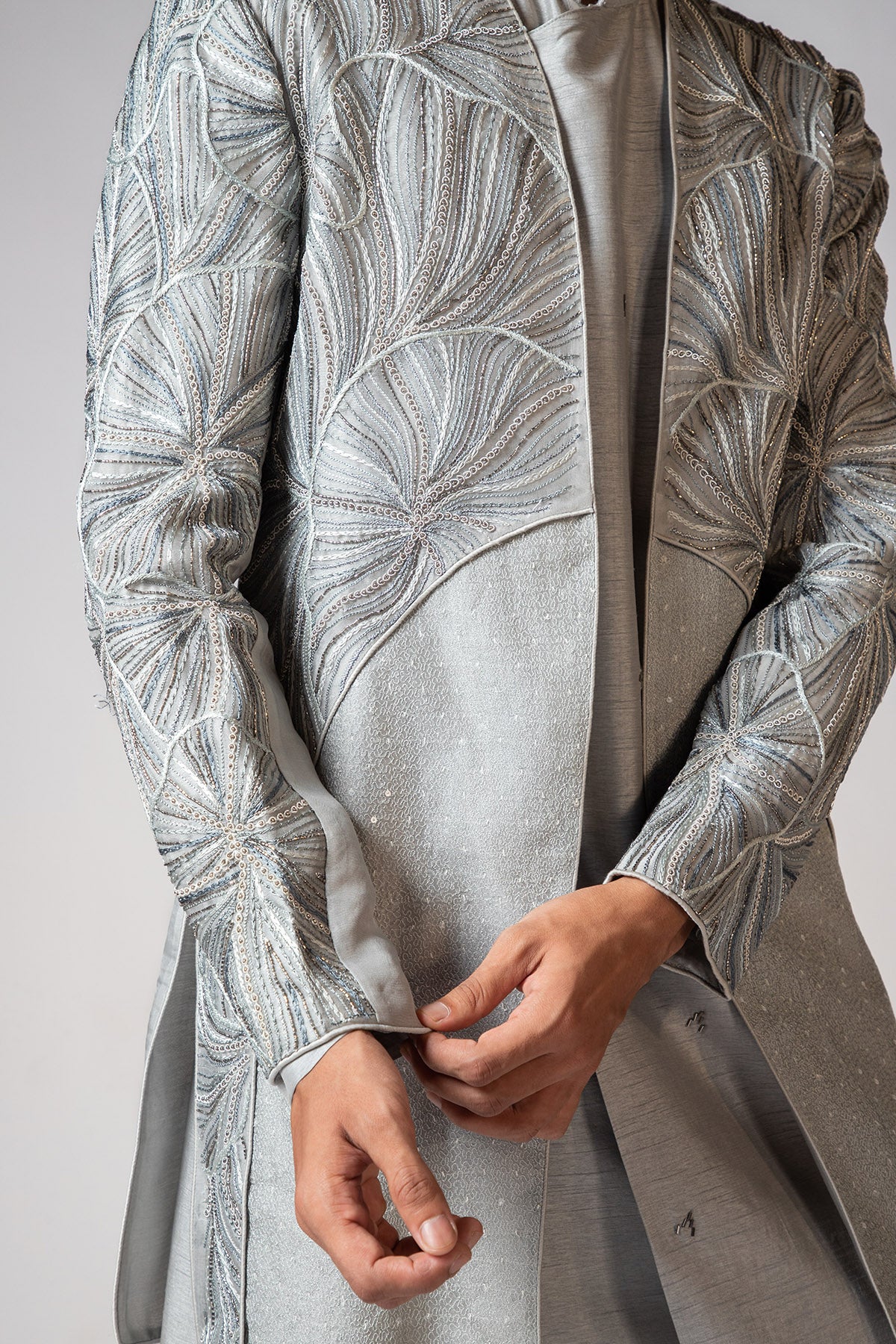 Grey Resham & Dabka Achkan Set