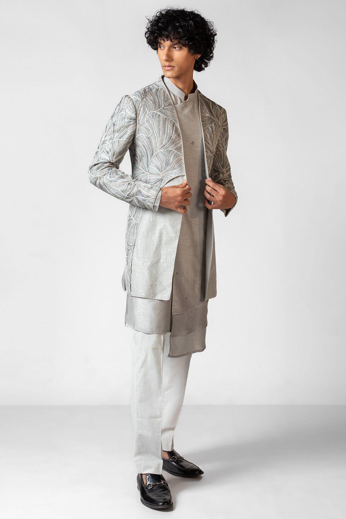 Grey Resham & Dabka Achkan Set