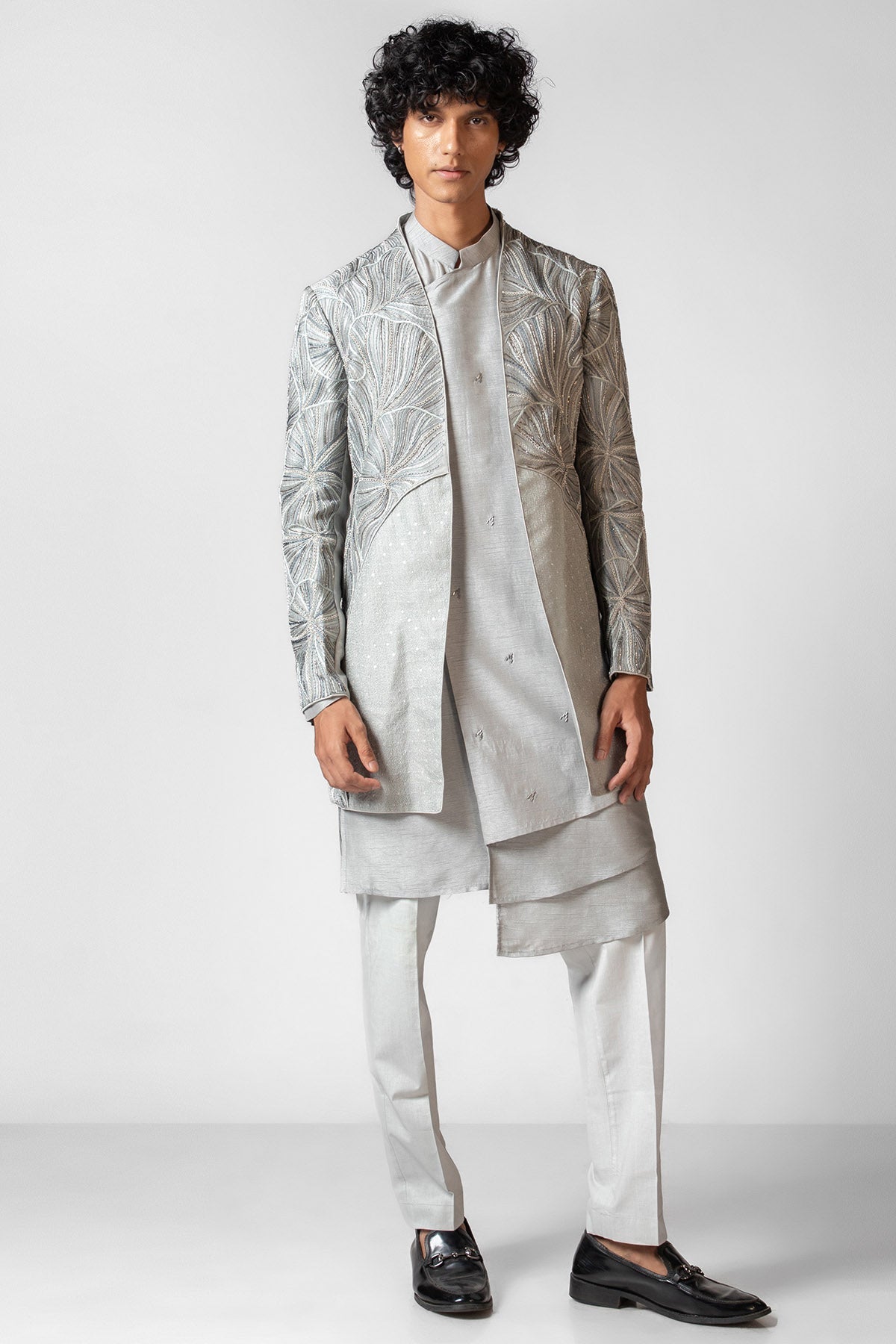 Buy Grey Resham & Dabka Achkan Set for men by Paarsh Atelier online available at scrollnshops