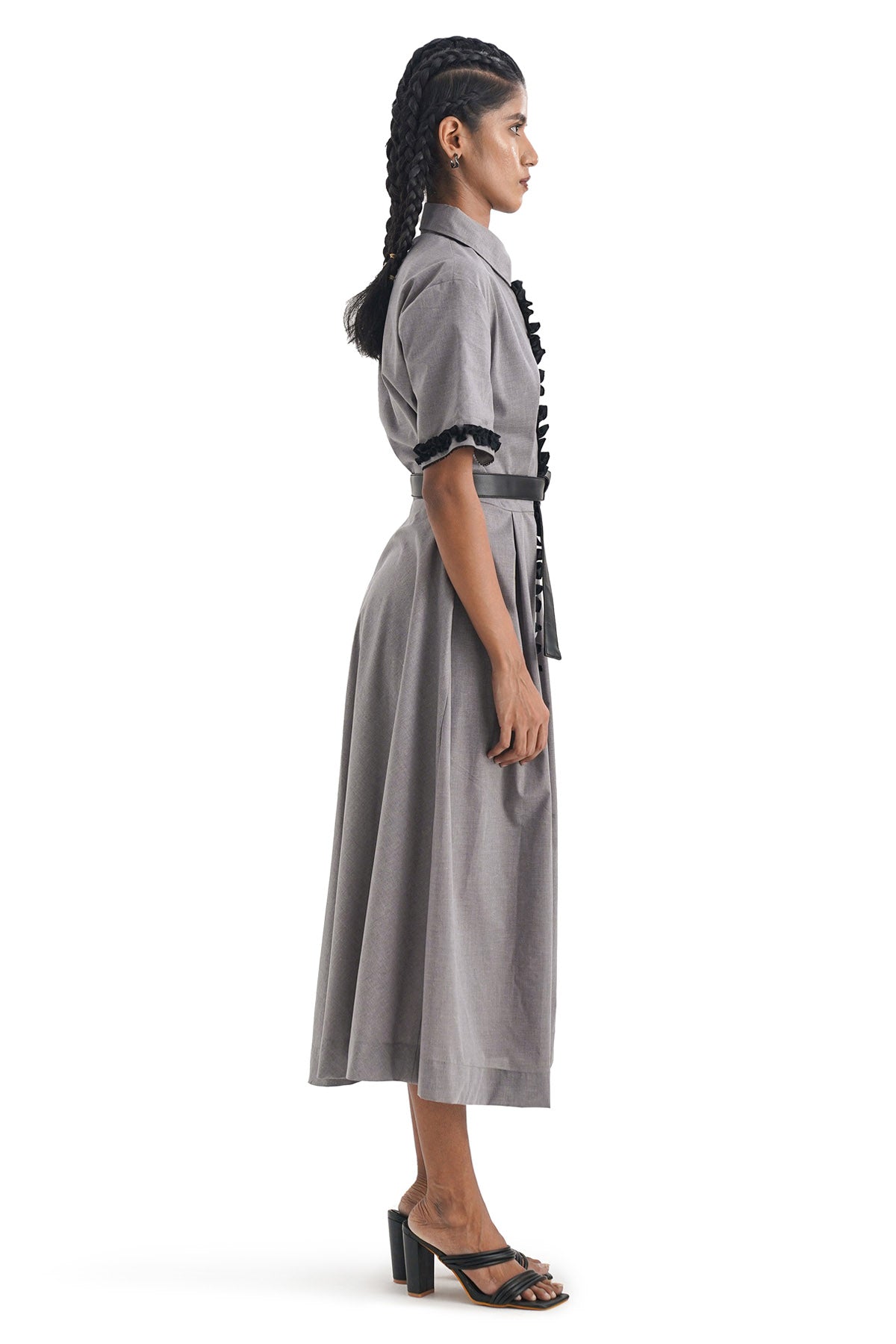 Grey Ruffled Midi Cotton Dress