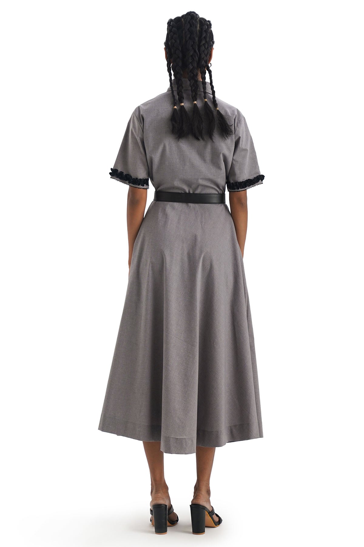 Grey Ruffled Midi Cotton Dress