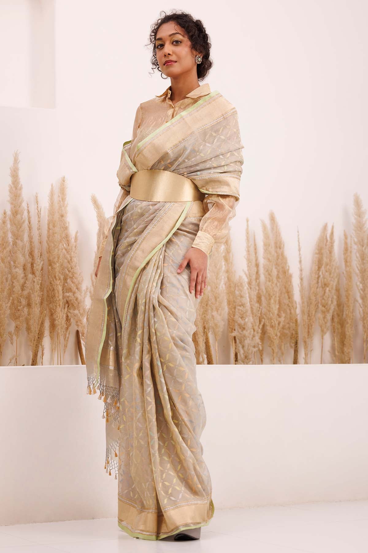 Grey Saree & Gold Shirt Blouse