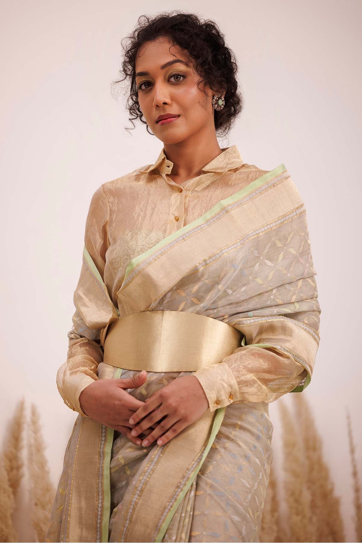 Grey Saree & Gold Shirt Blouse