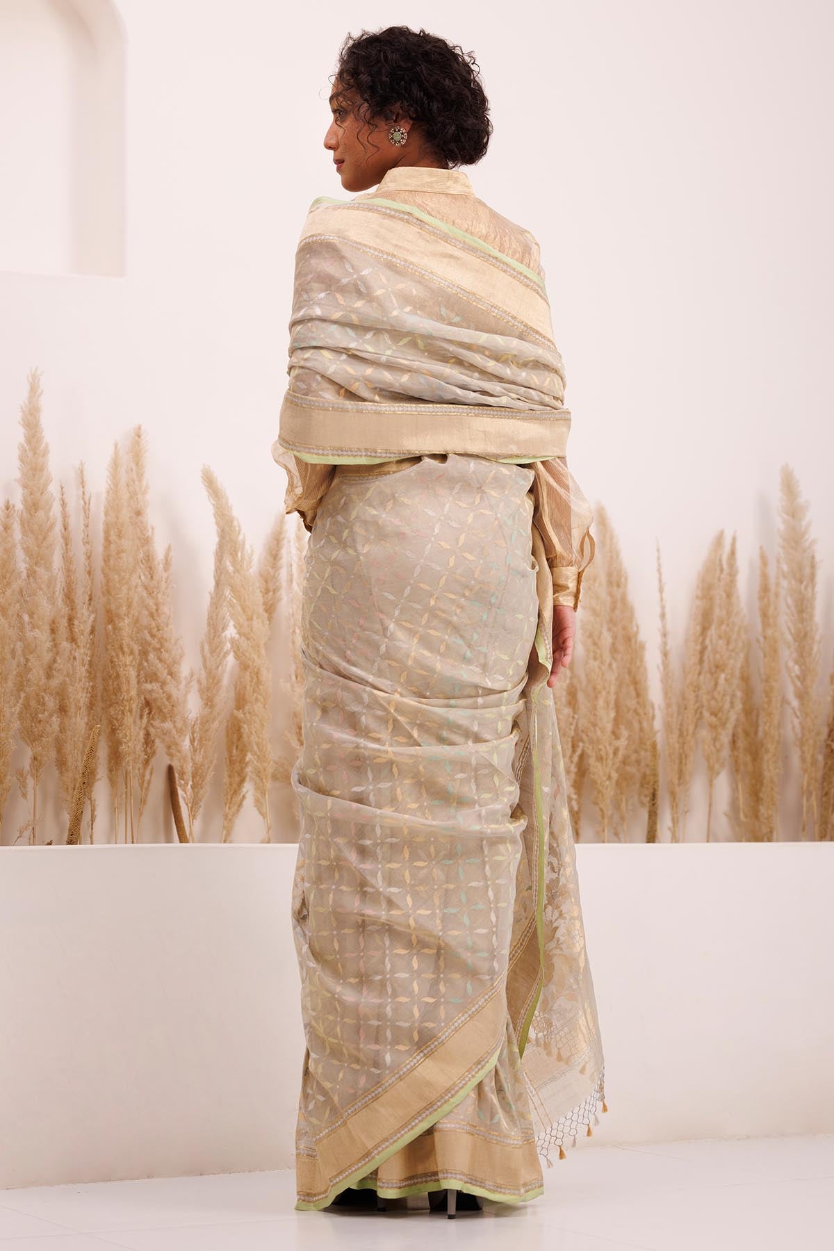 Grey Saree & Gold Shirt Blouse