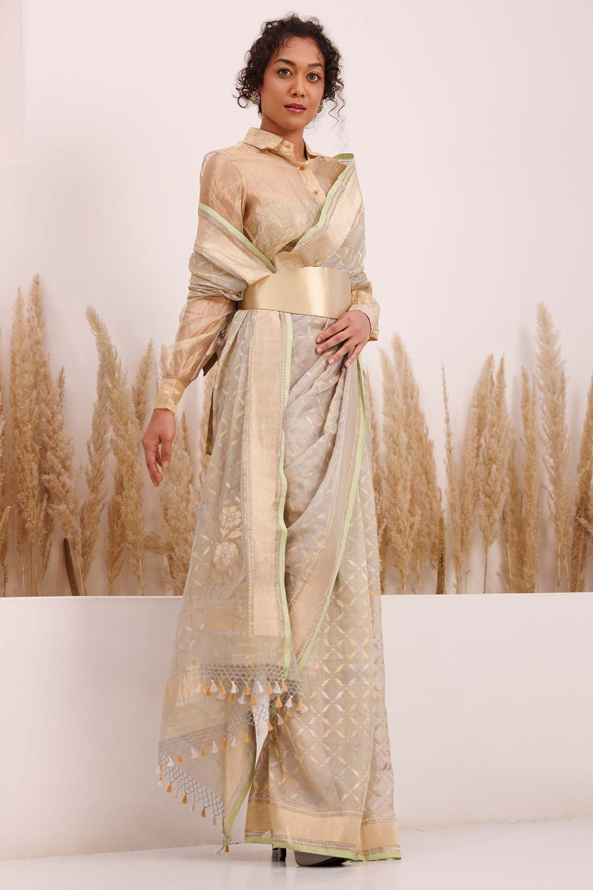 Chhaya Mehrotra Grey Saree & Gold Shirt Blouse for women online at ScrollnShops