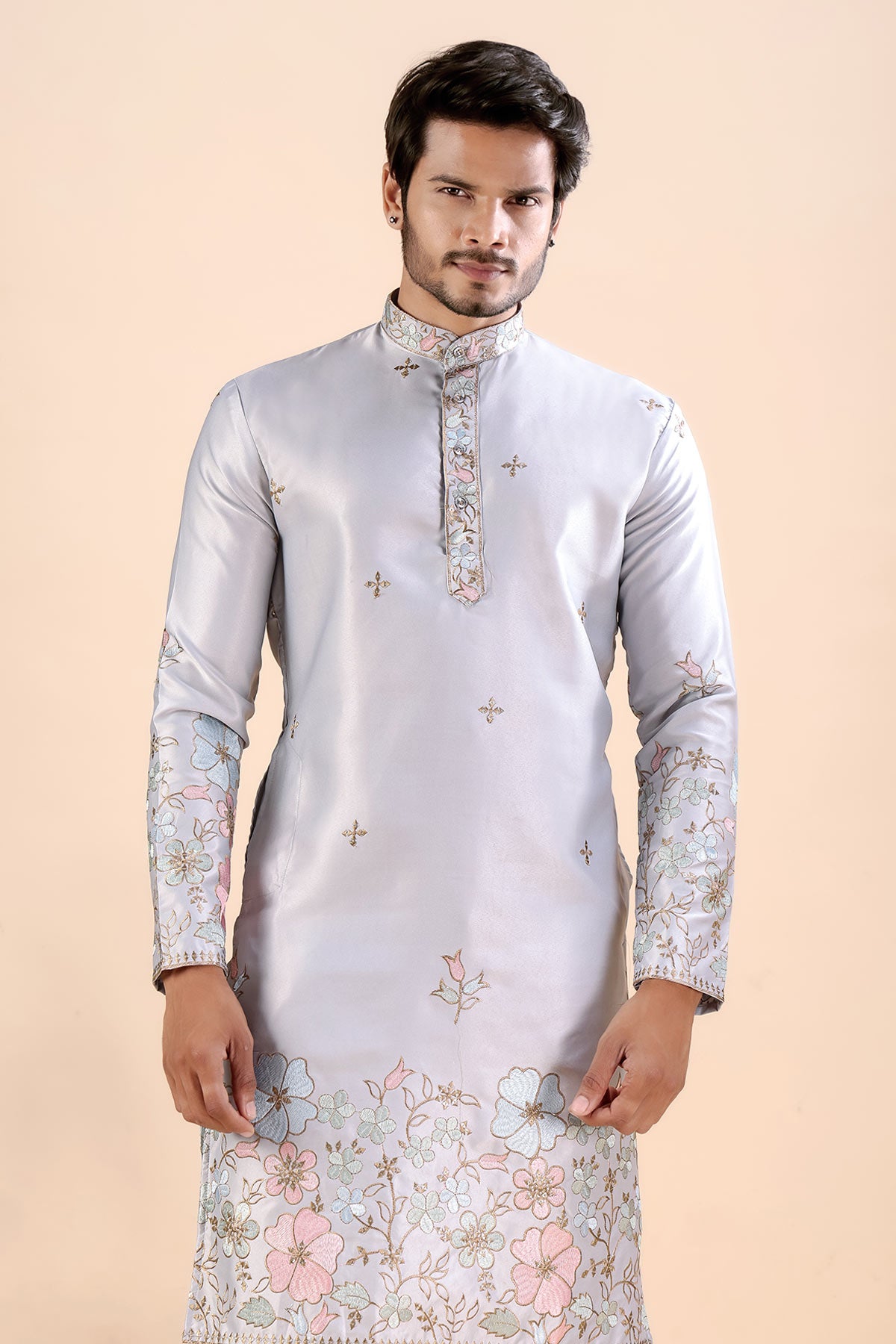 Grey Satin Embroidered Kurta