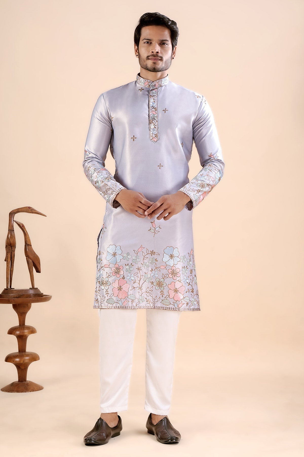 Buy Grey Satin Embroidered Kurta for men by Aastha Fashion online available at scrollnshops