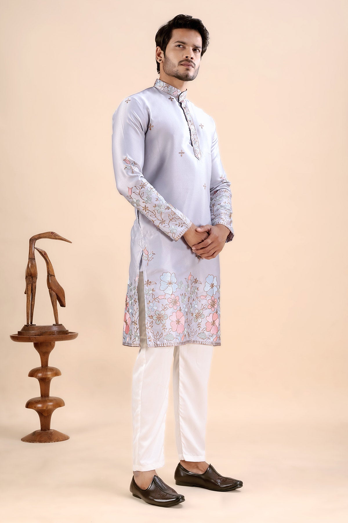 Grey Satin Embroidered Kurta