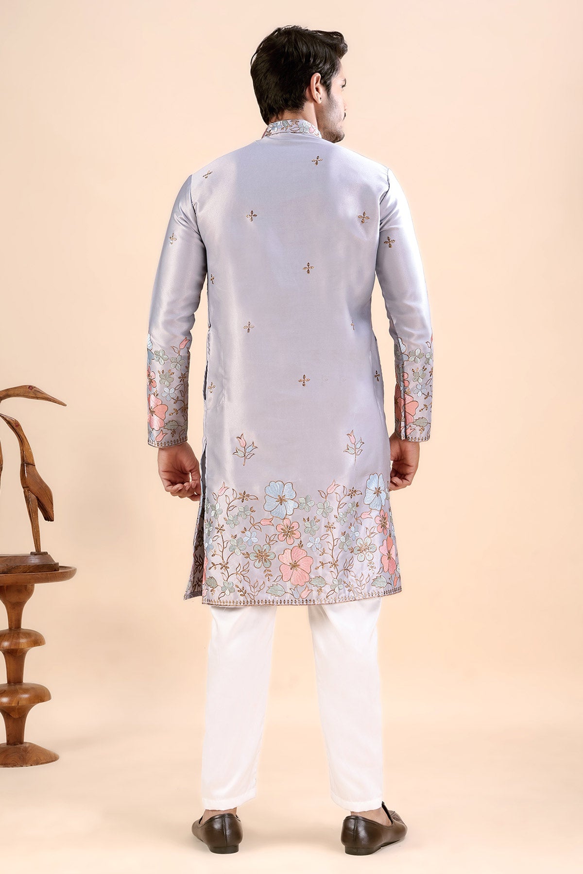 Grey Satin Embroidered Kurta