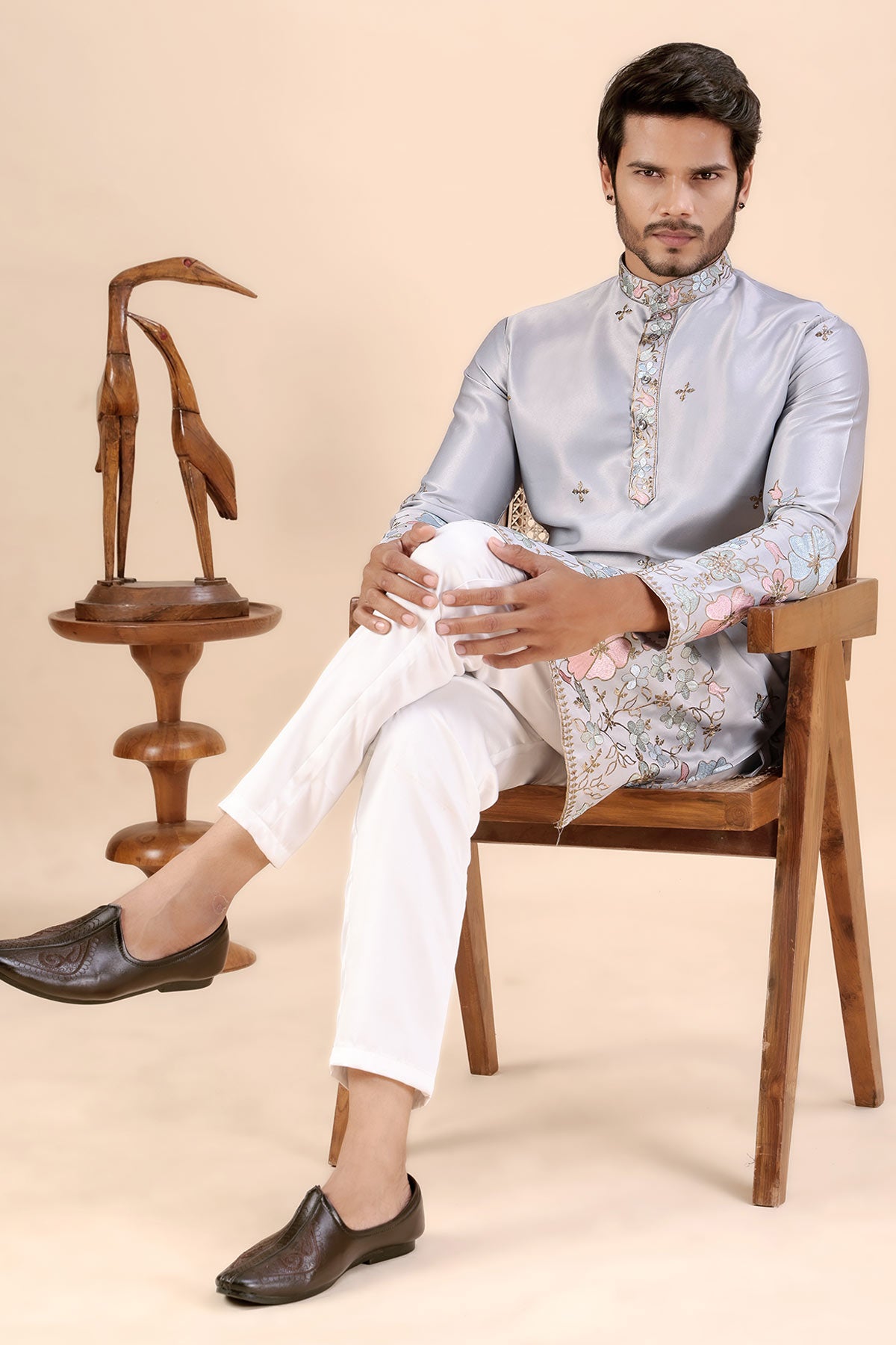 Grey Satin Embroidered Kurta