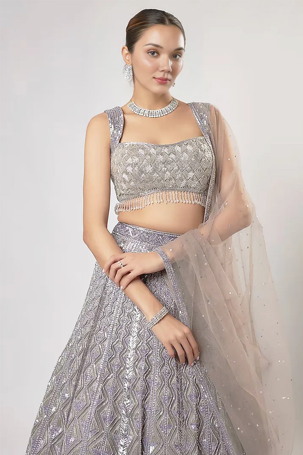 Grey Sequins Net Lehenga Set