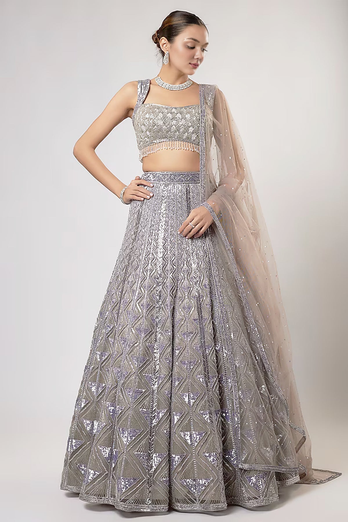 Buy Grey Sequins Net Lehenga Set by Shlok Design for women online at ScrollnShops