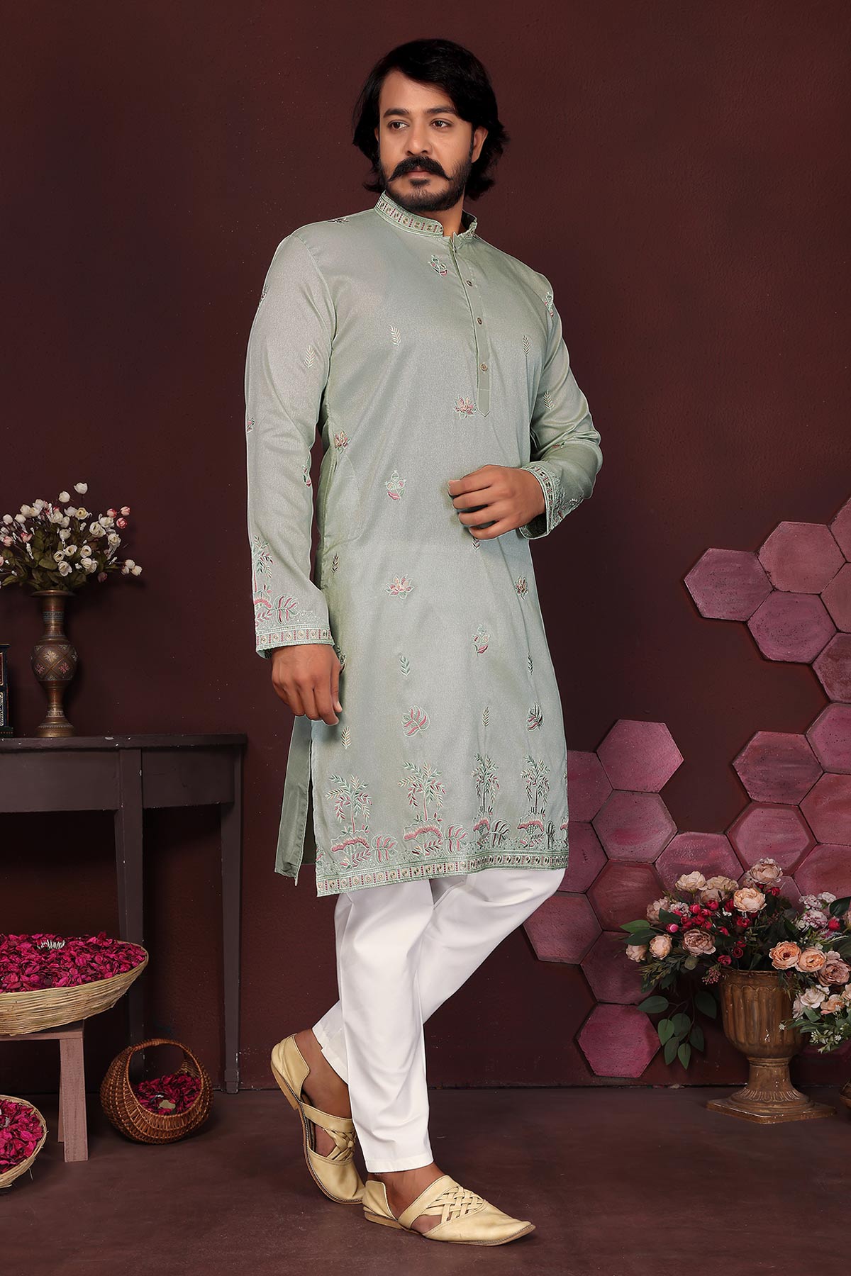 Grey Silk Sequins Kurta & Pants