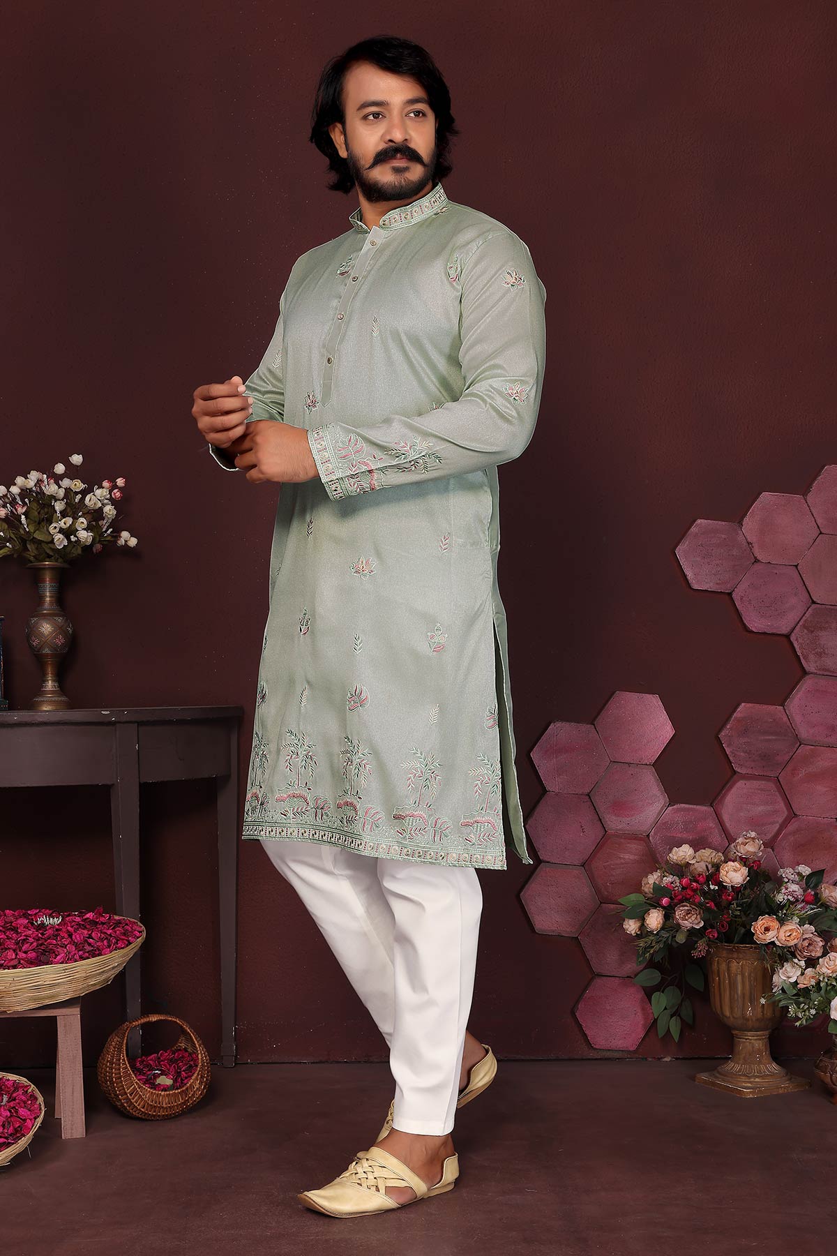Grey Silk Sequins Kurta & Pants