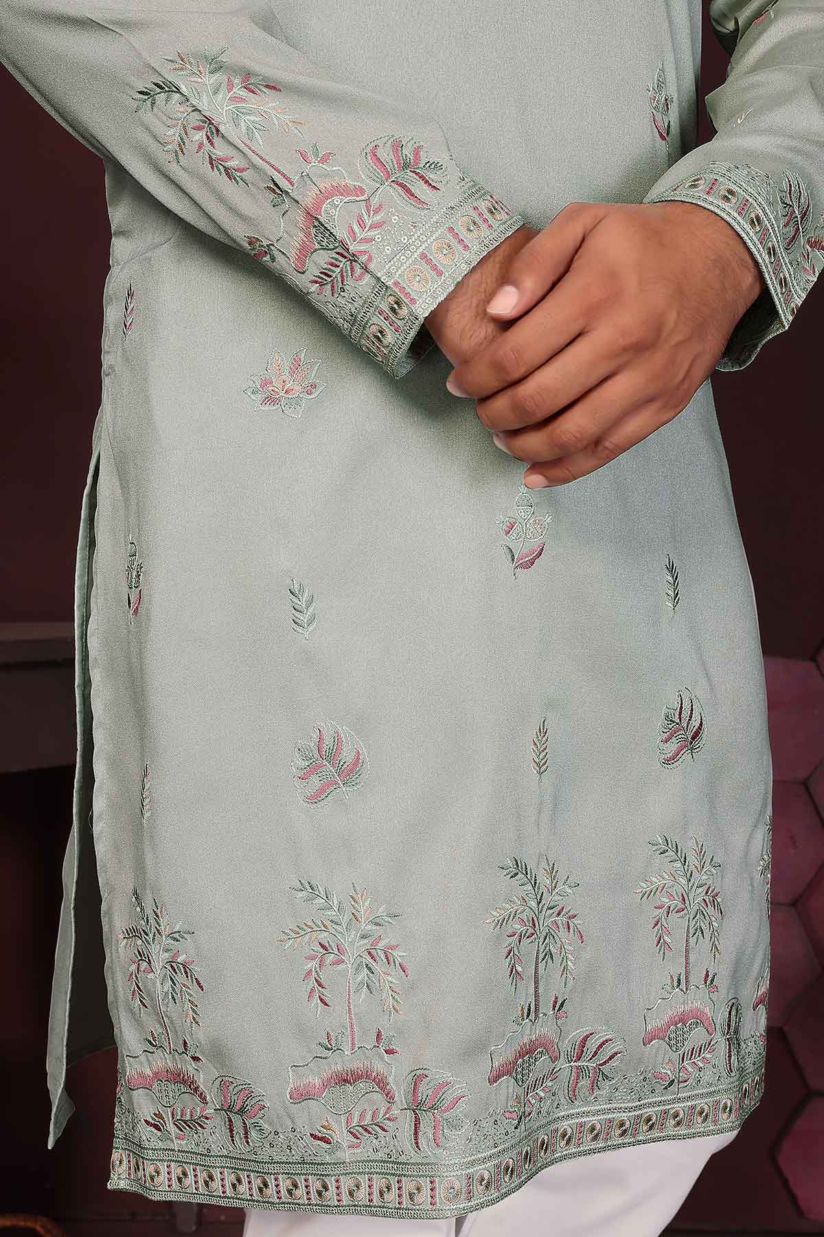 Grey Silk Sequins Kurta & Pants