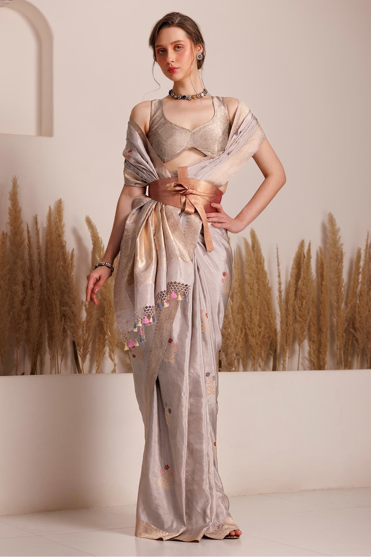 Buy Designer Grey & Silver Banarasi Saree online