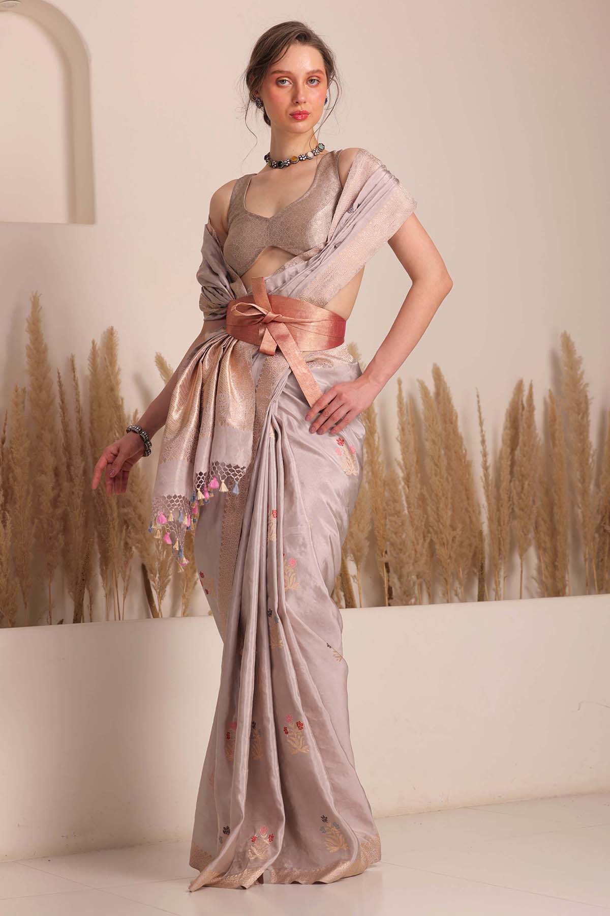 Chhaya Mehrotra Grey & Silver Banarasi Saree for women online at ScrollnShops