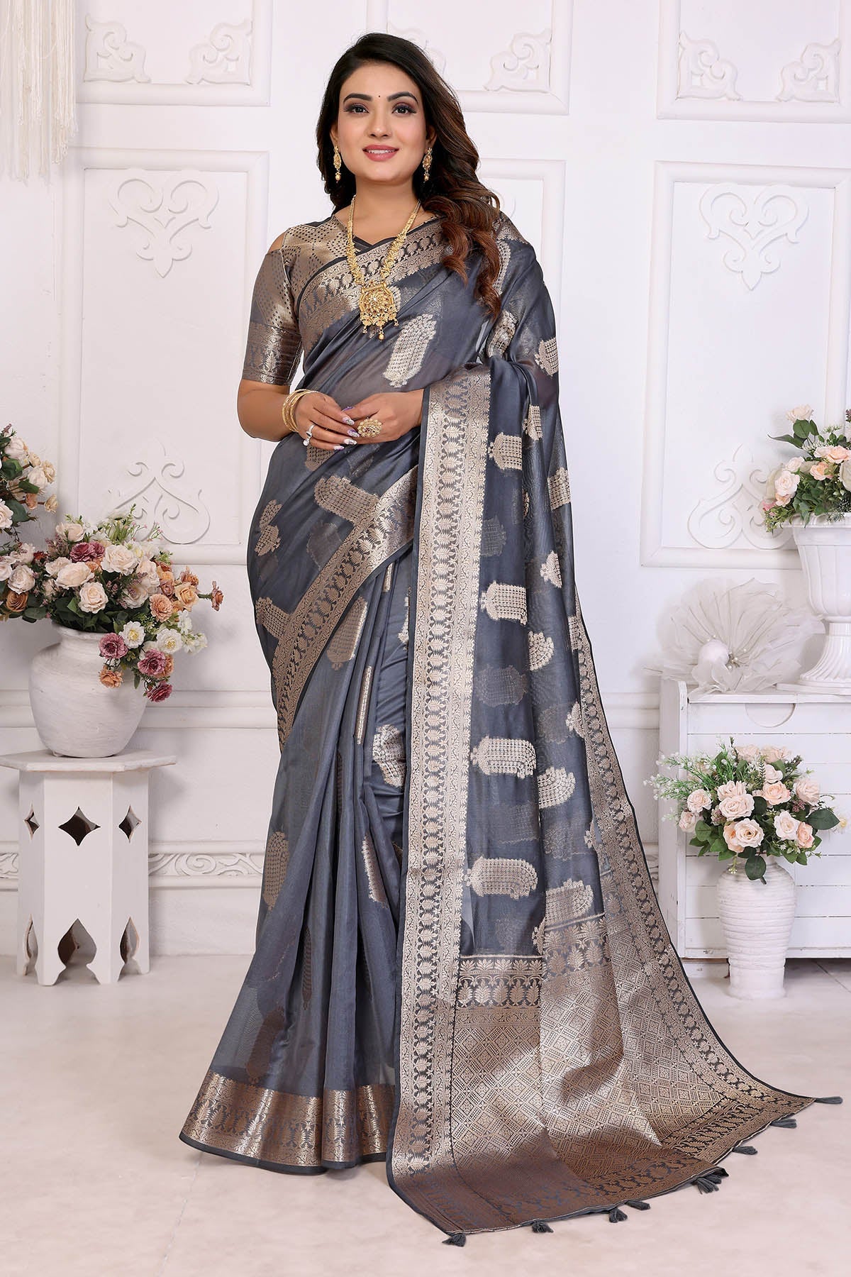 Buy Grey Soft Organza Weaving Saree for women by Aastha Fashion online available at scrollnshops