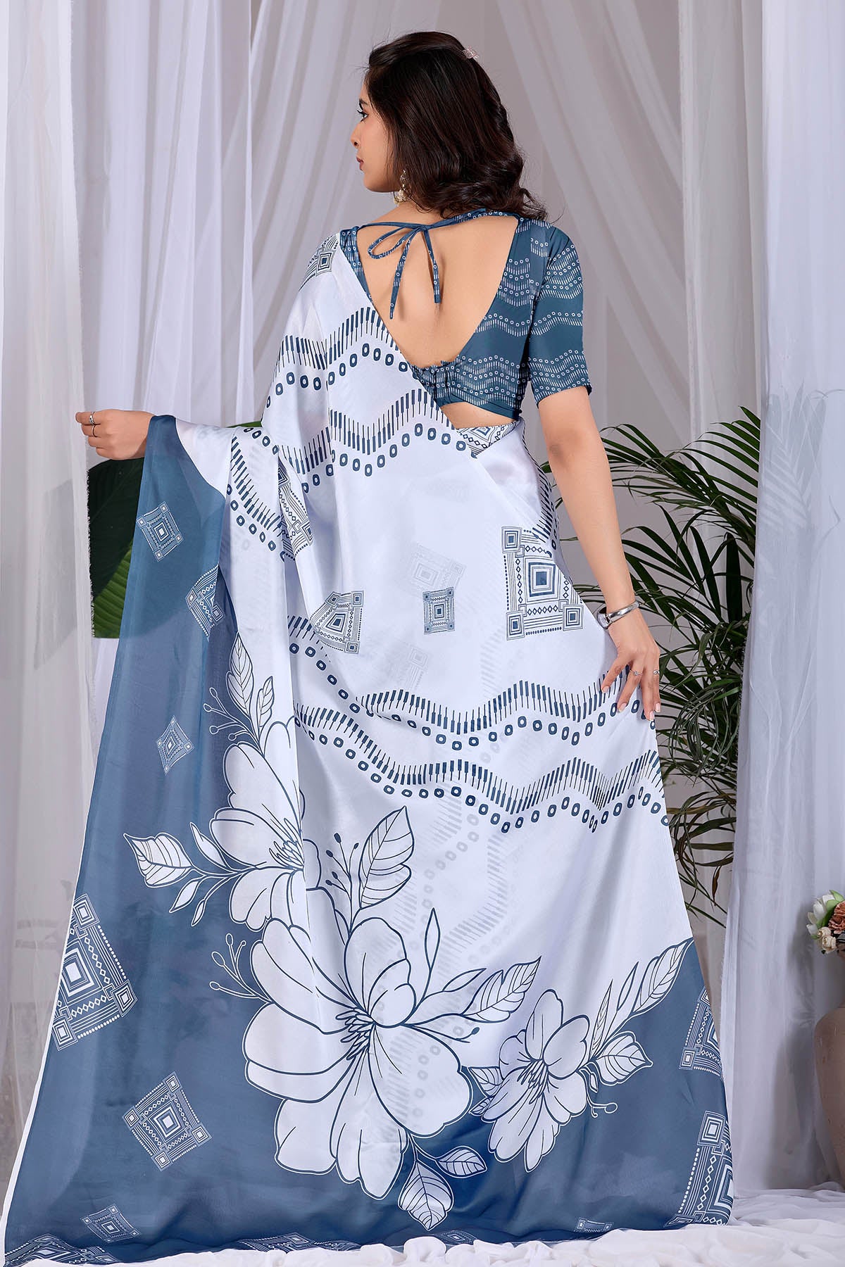 Grey Soft Satin Printed Saree
